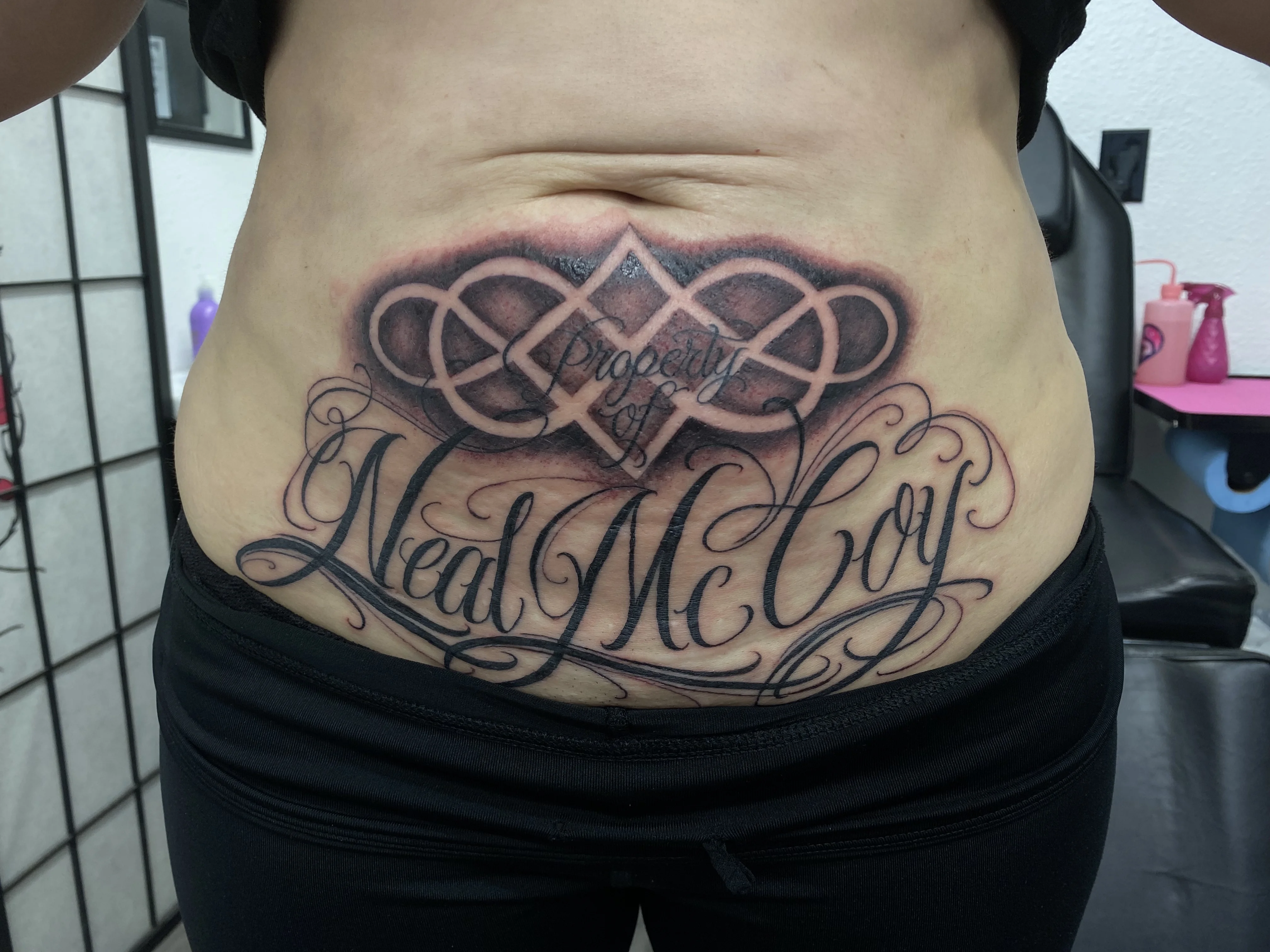 Name Script Stomach Piece: name, decorative script, personal, lettering, bold, script