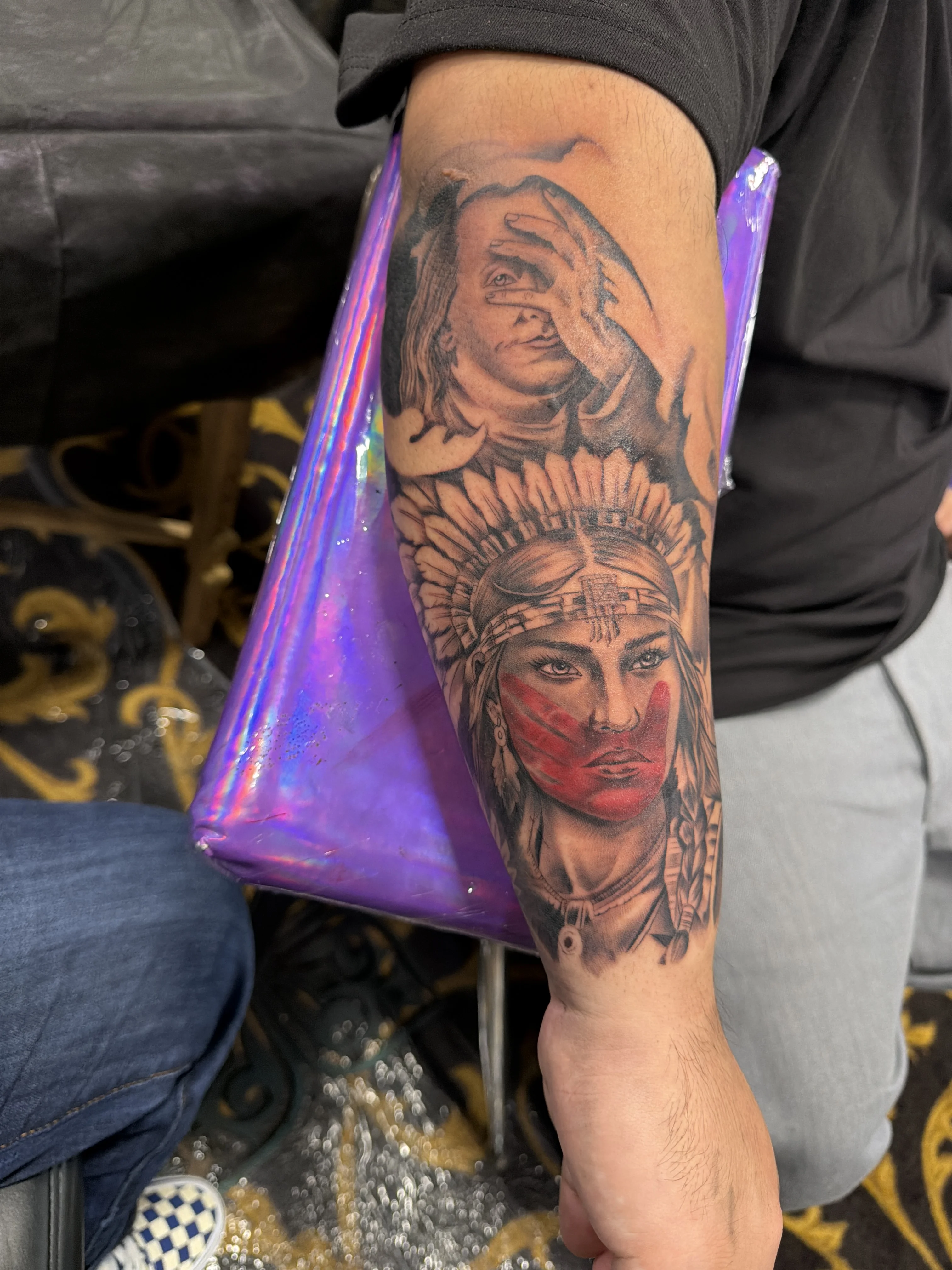 Native American Woman Forearm Portrait: native american woman, headdress, hand, face, portrait, indigenous