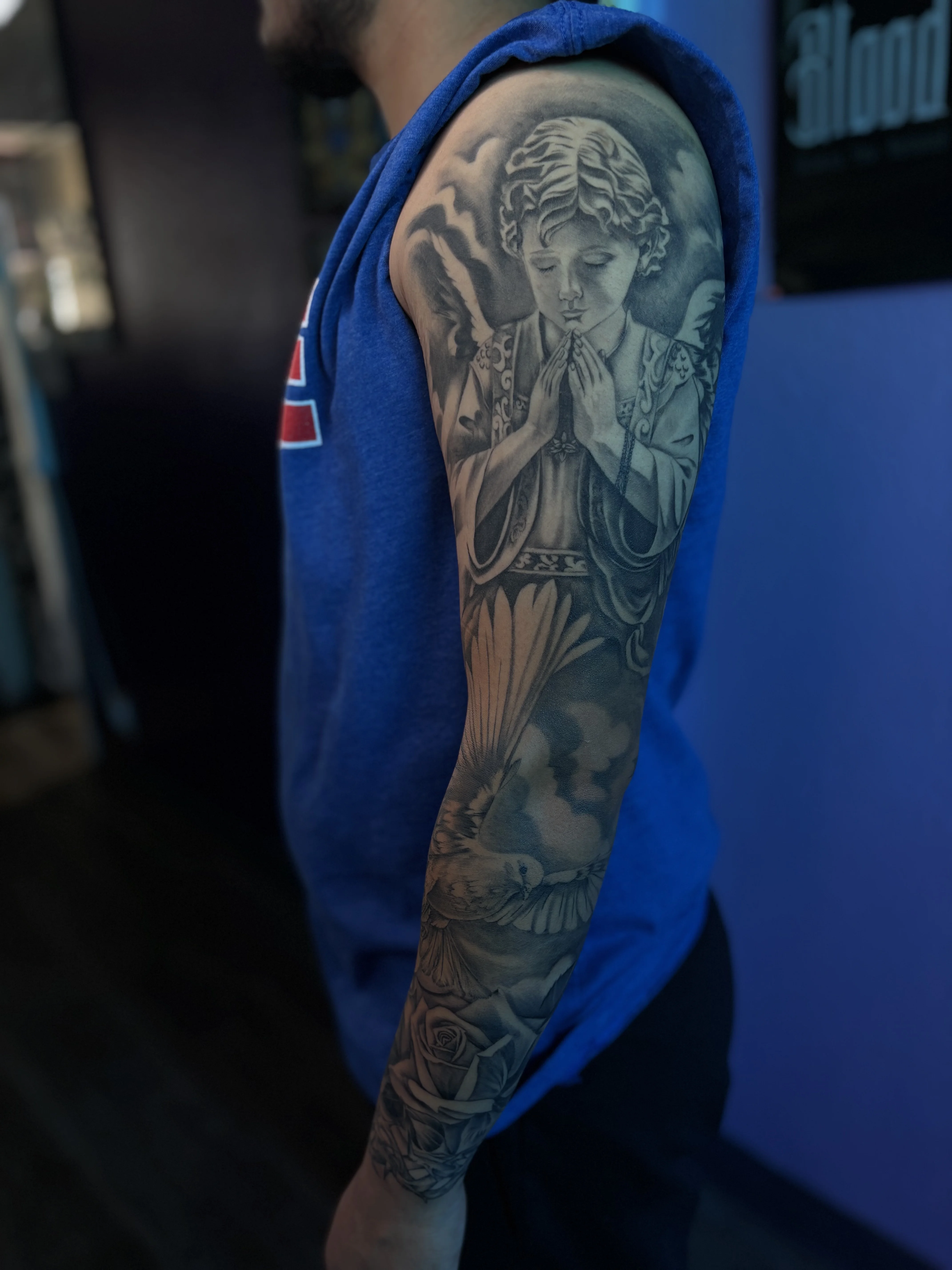 Black & Gray Realism tattoo by Bbydee: angel, praying hands, clouds, dove