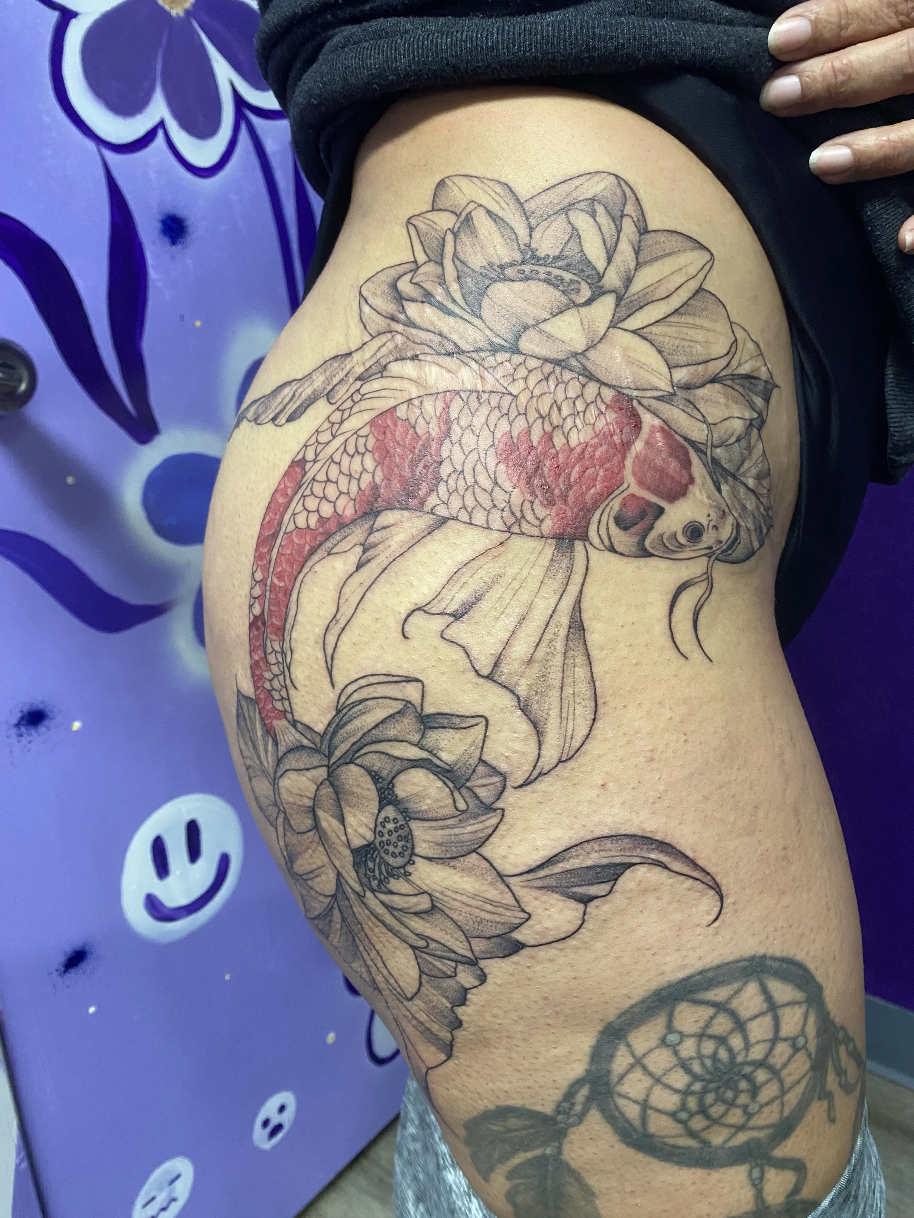 Illustrative tattoo by Bbydee: koi fish, lotus flower, nature, animal