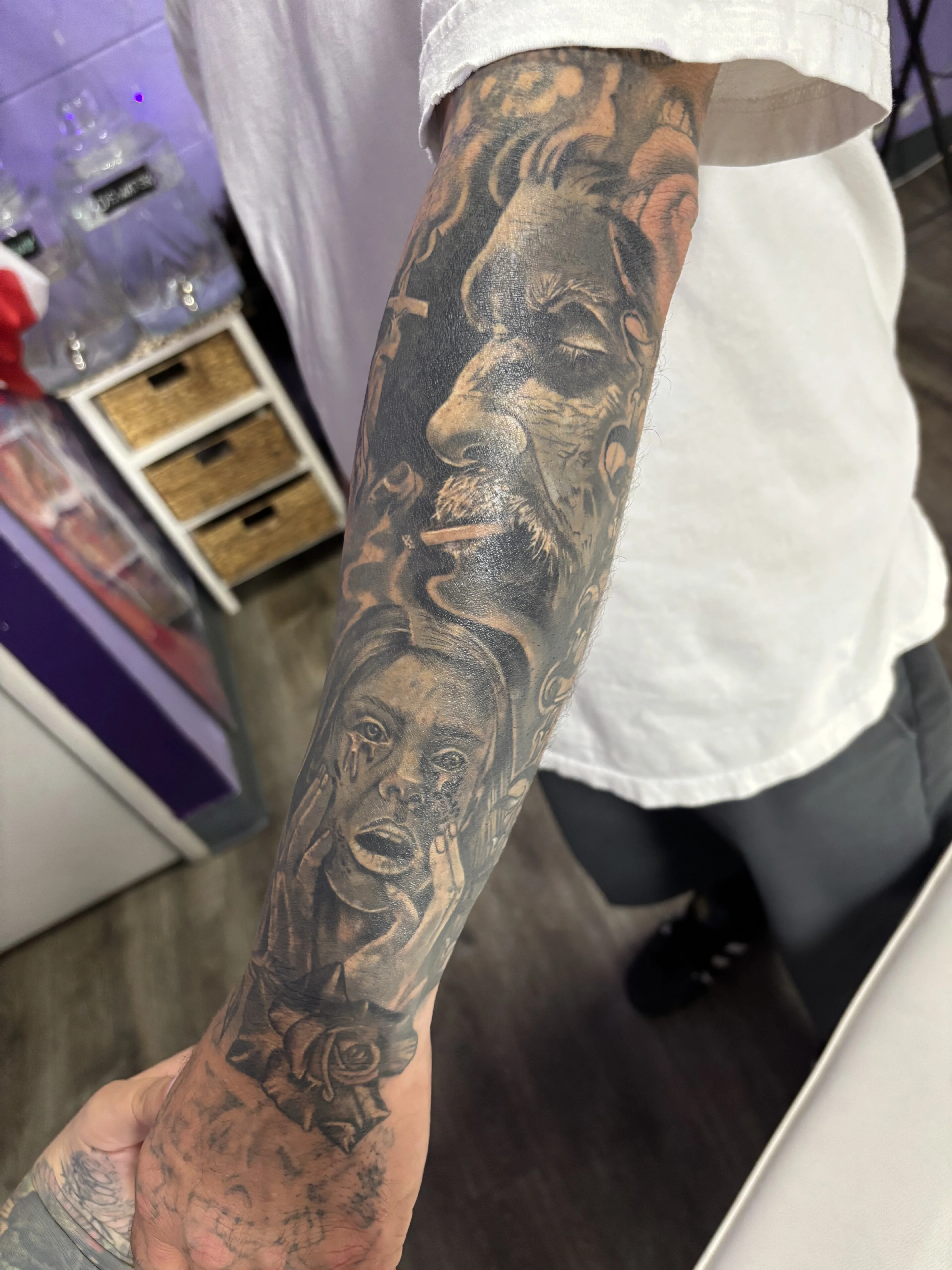 Black & Gray Realism tattoo by Bbydee: old man face, woman face, rose, portrait