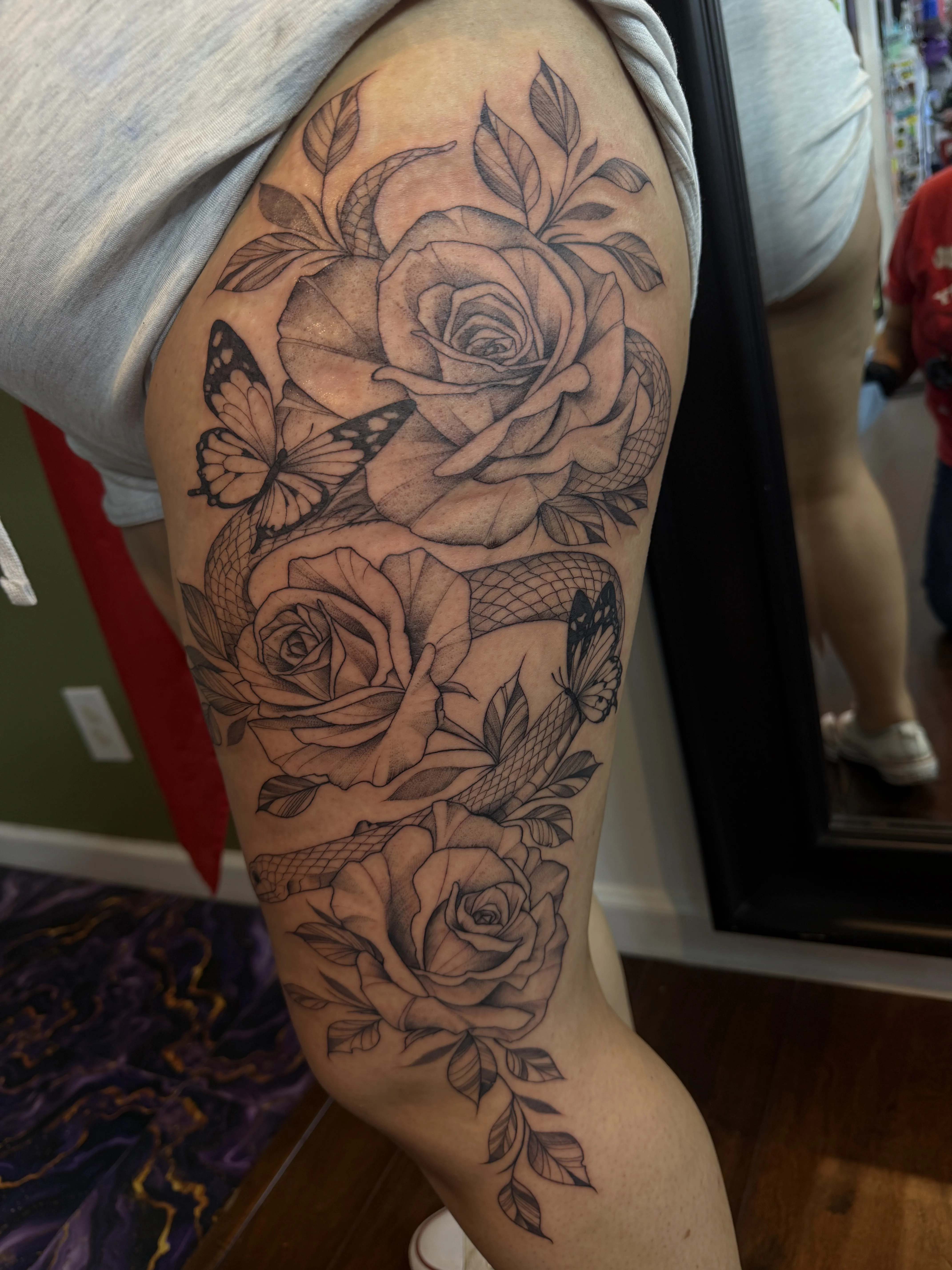Fine Line Roses and Butterflies Thigh: rose, butterfly, snake, leaves, floral, nature