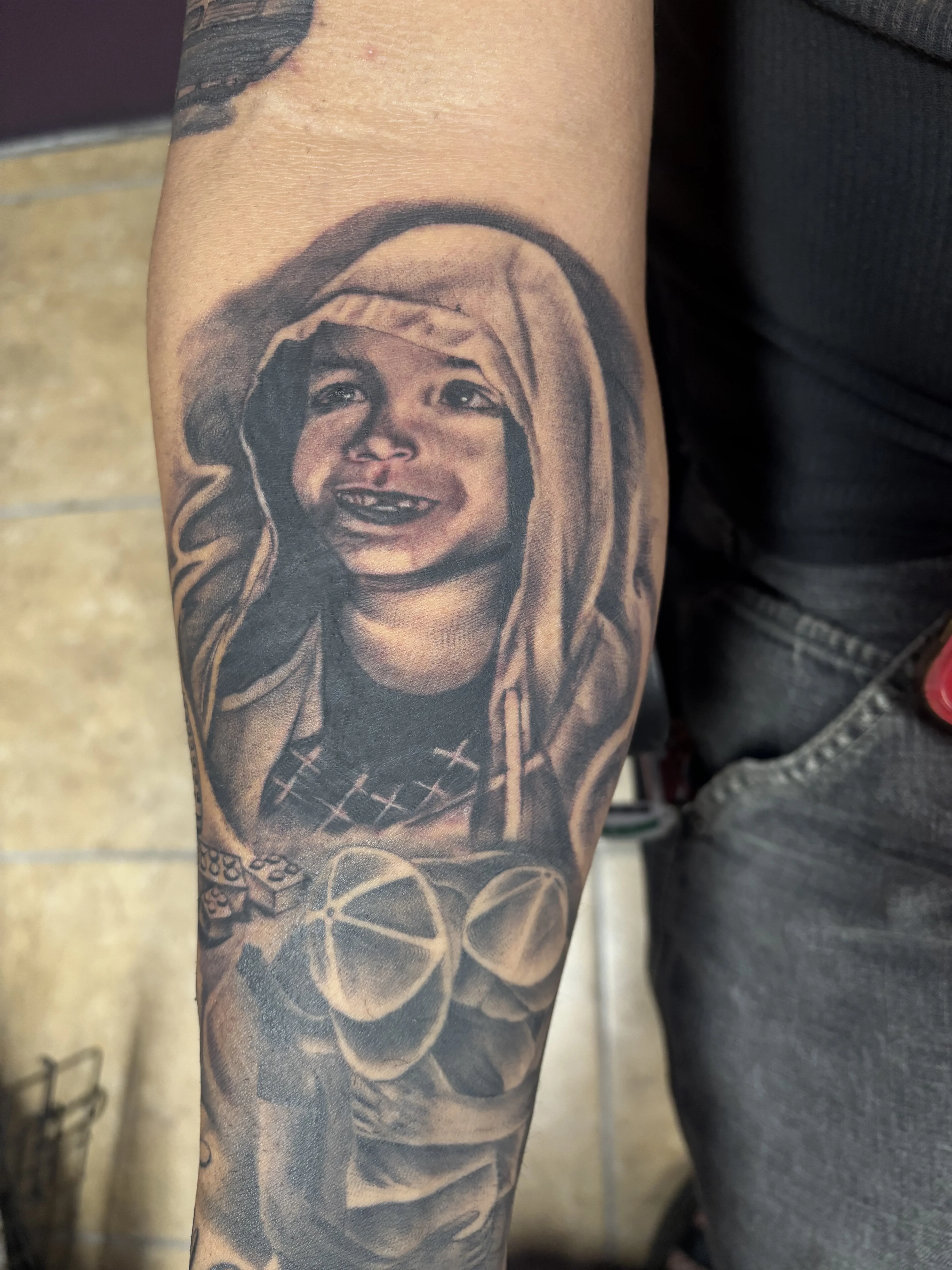 Realistic Child Portrait Forearm: child, hood, smiling face, portrait, family, realism