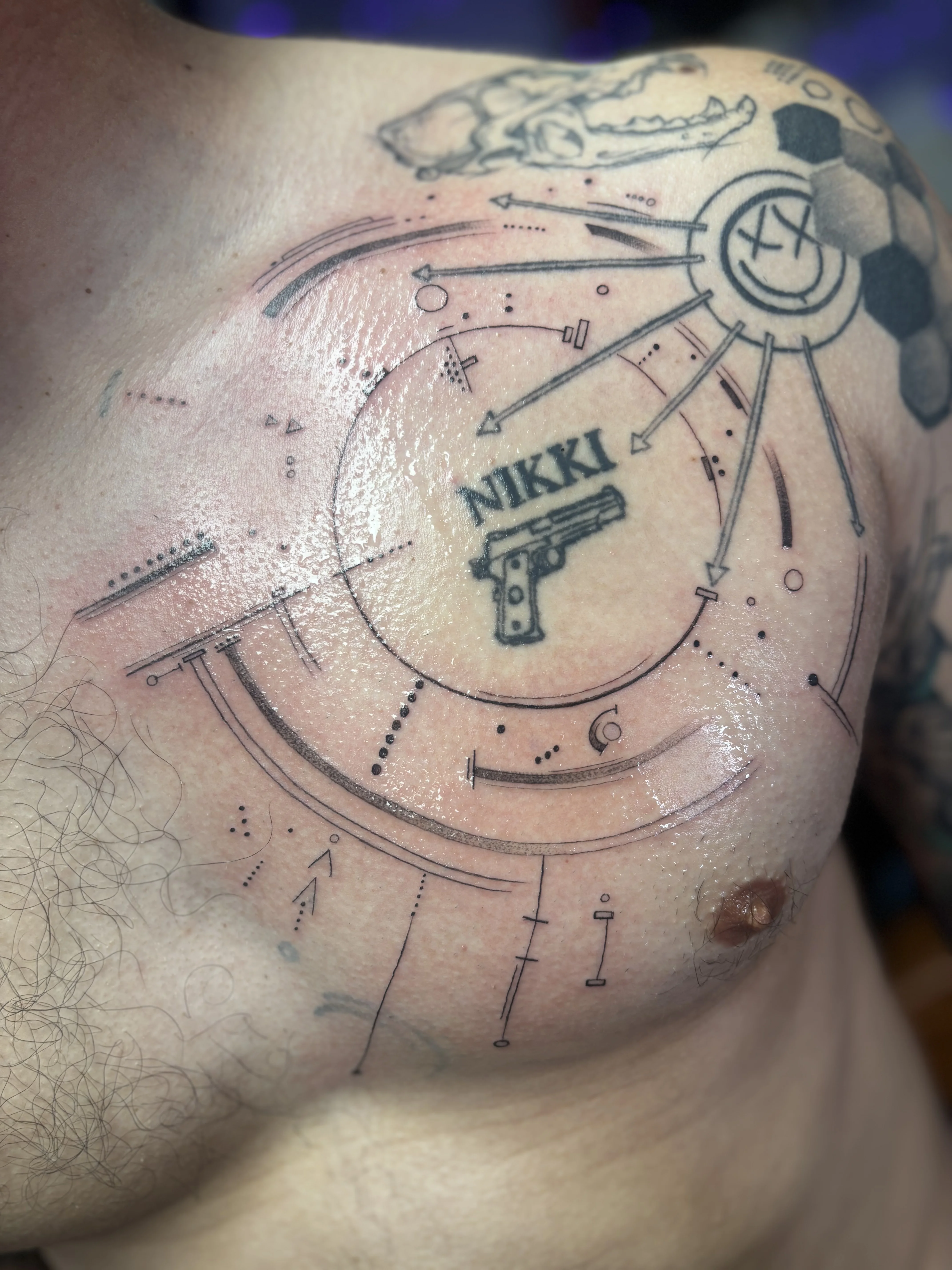 Fine Line tattoo by Bbydee: gun, circle, hexagon, arrows