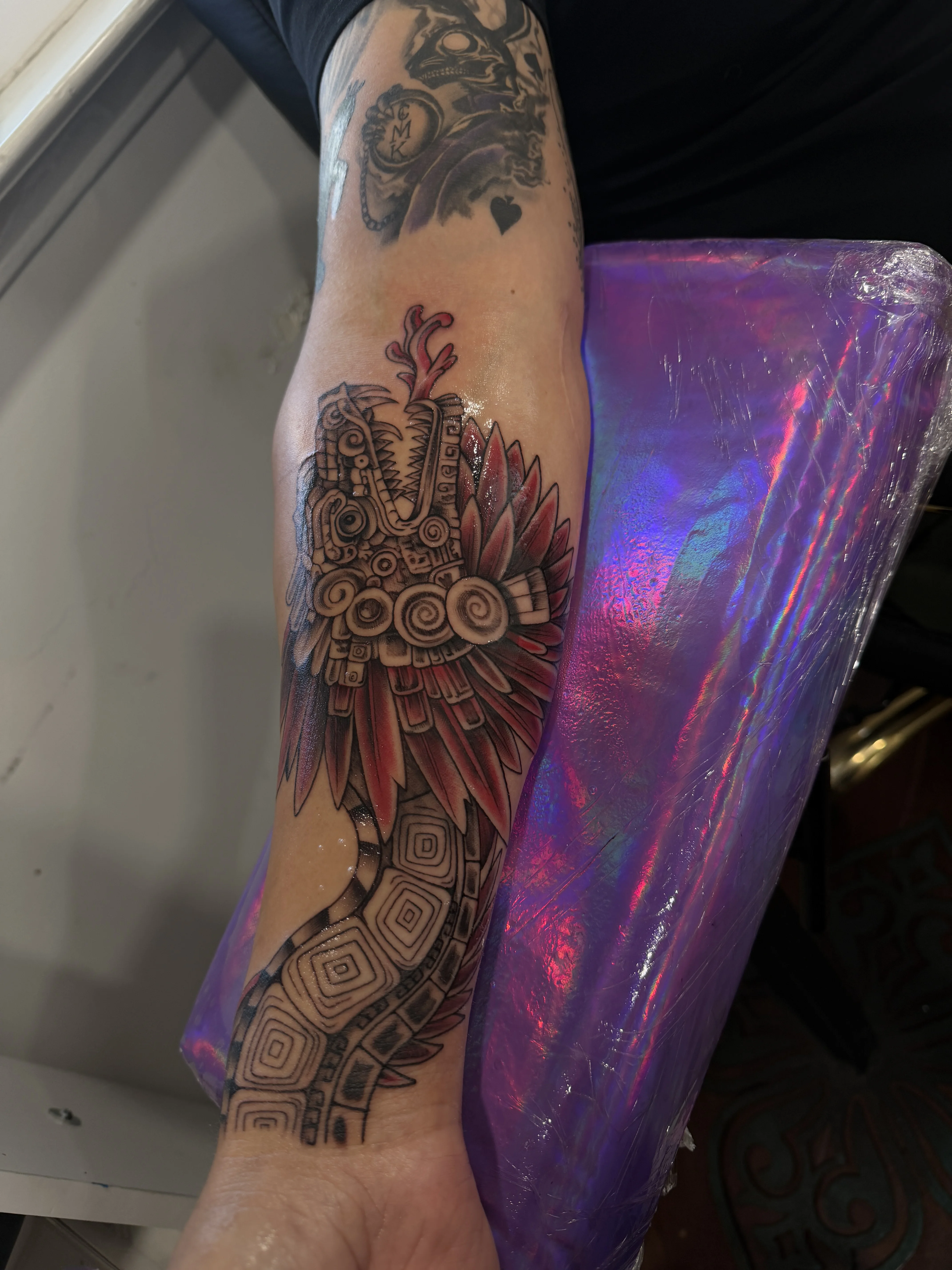 Feathered Serpent Forearm Design: feathered serpent, wings, geometric patterns, spirals, mythology, nature