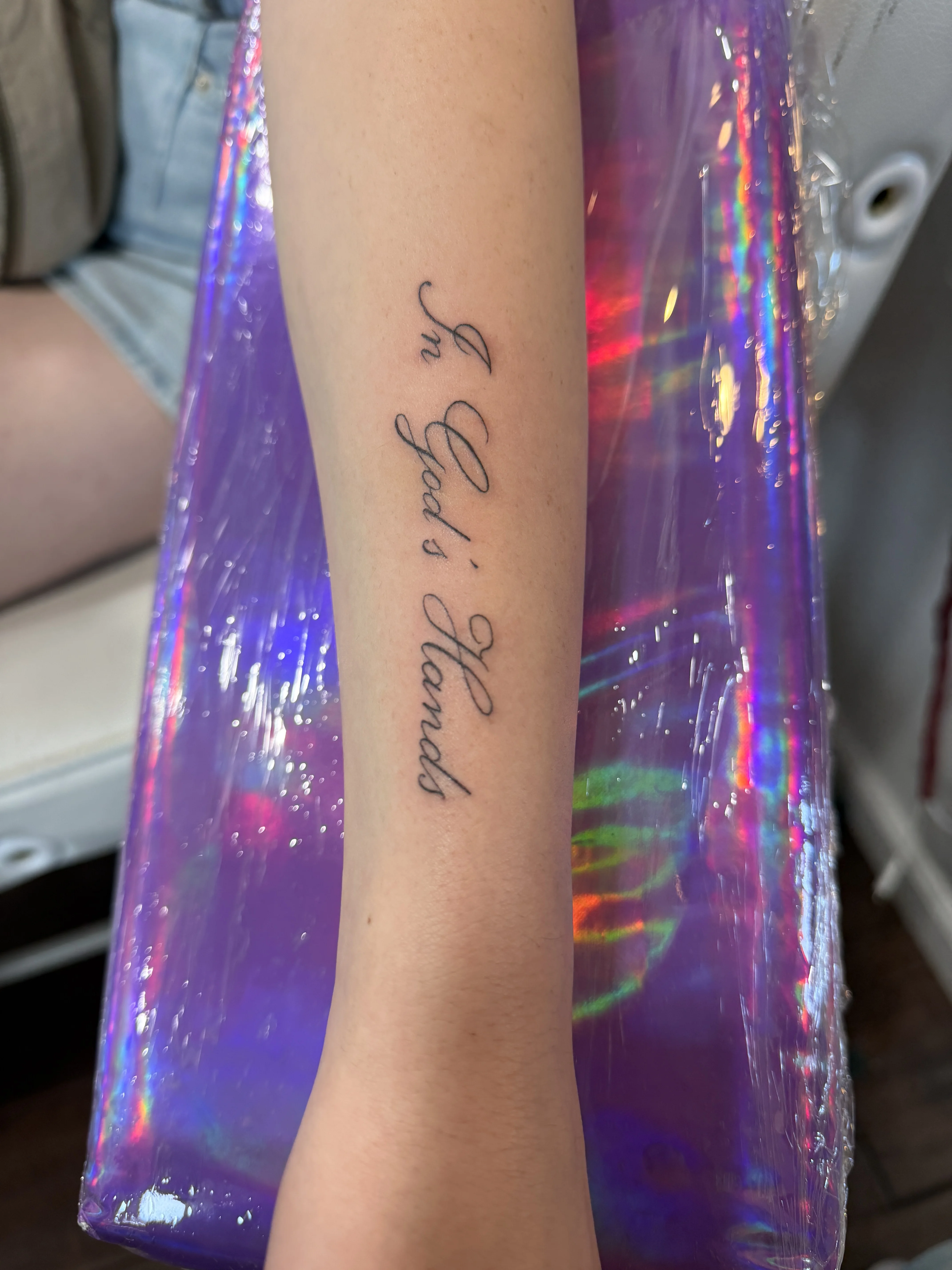 In God's Hands Script Forearm: script, quote, spiritual, religious, delicate, minimal