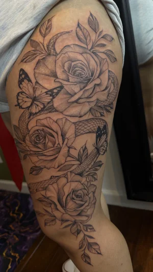 Fine Line Roses and Butterflies Thigh