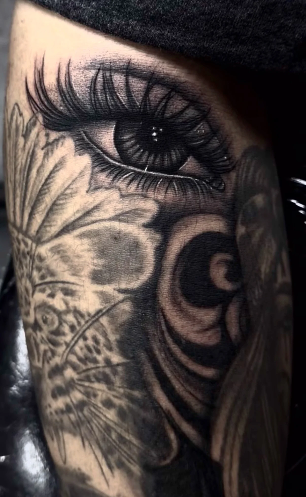 Black & Gray Realism tattoo by Krybaby: eye, filligree, nature, floral