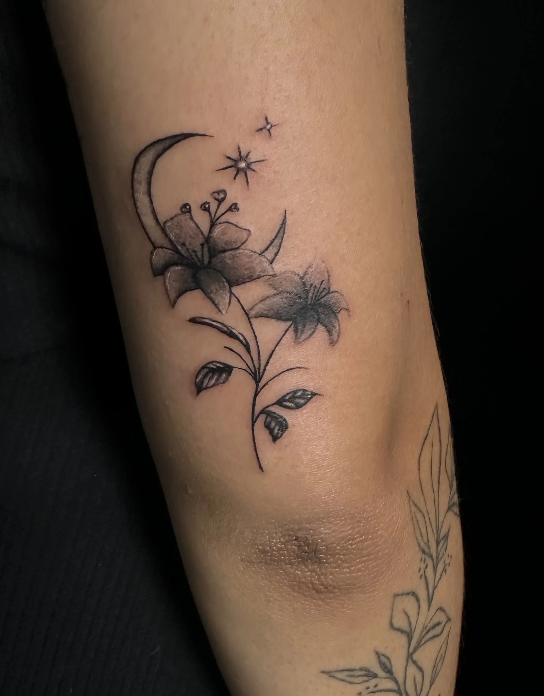 Fine Line tattoo by Krybaby: moon, flower, leaves, stars