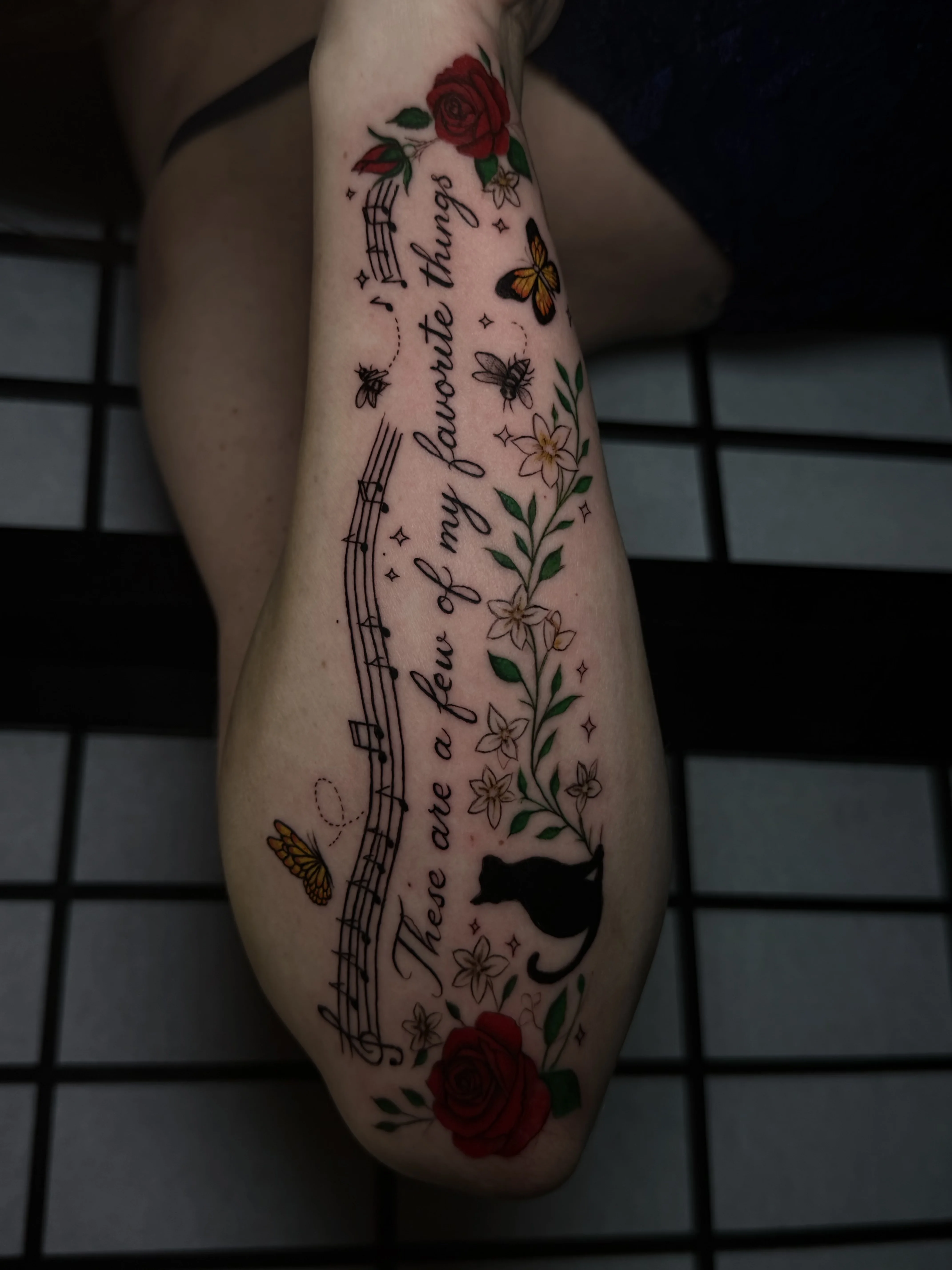 Neo-Traditional tattoo by Krybaby: rose, music notes, black cat, bee