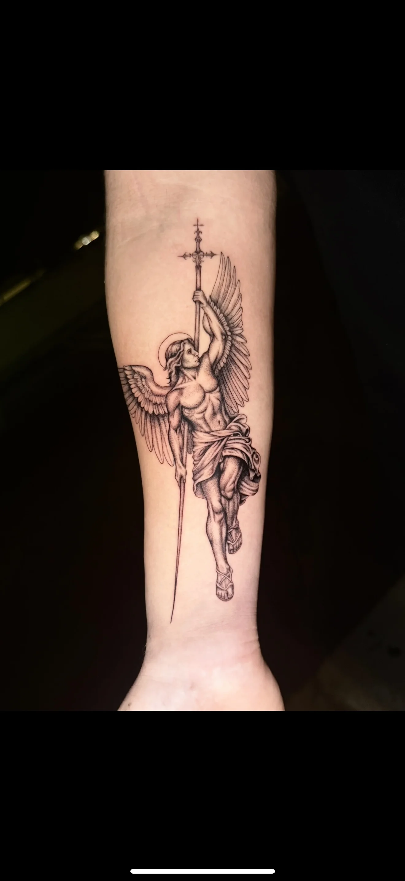 Black & Gray Realism tattoo by Bethany Villagomez: angel, wings, halo, spear