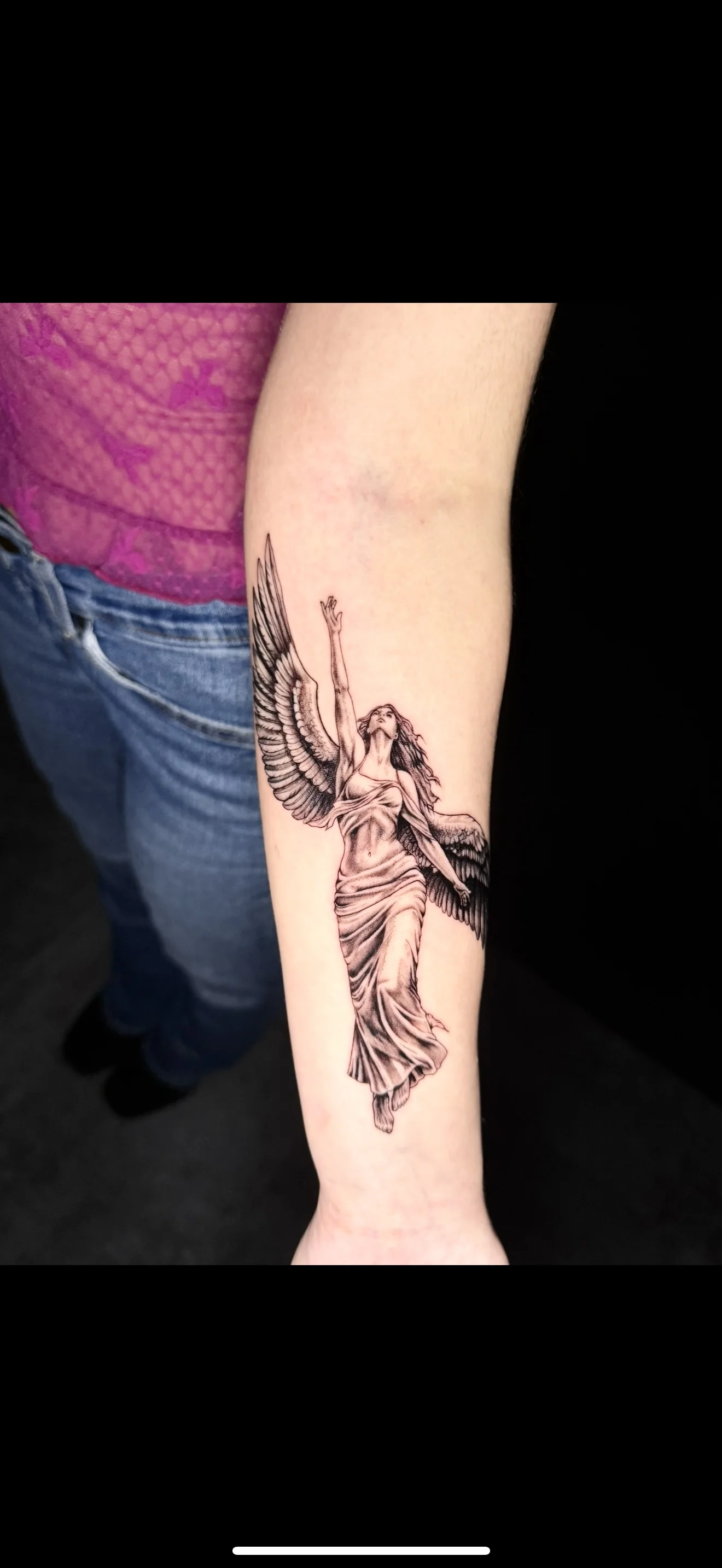 Angel Woman Forearm: angel, woman, wings, dress, spiritual, mythology
