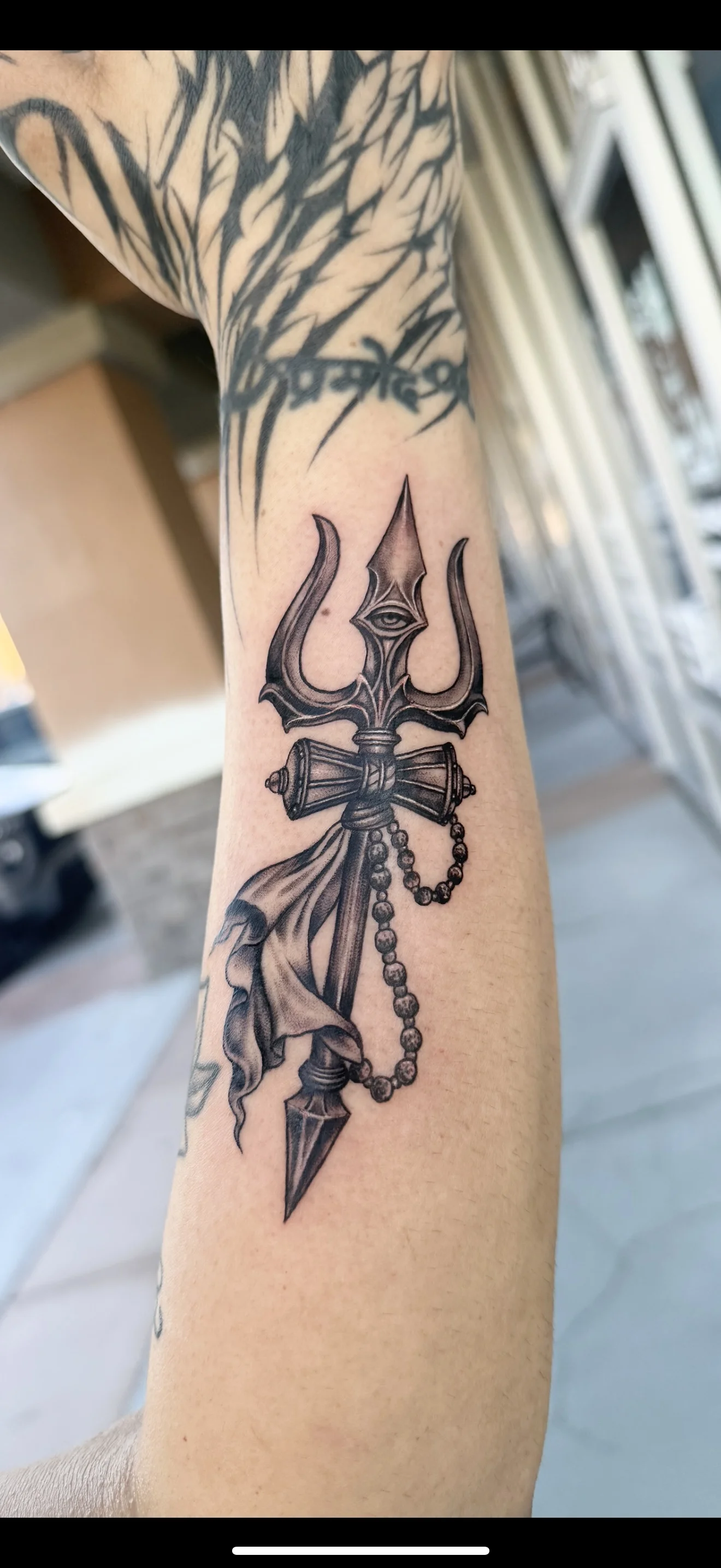 Trident with Eye and Prayer Beads: trident, eye, cloth, prayer beads, spiritual, mythology