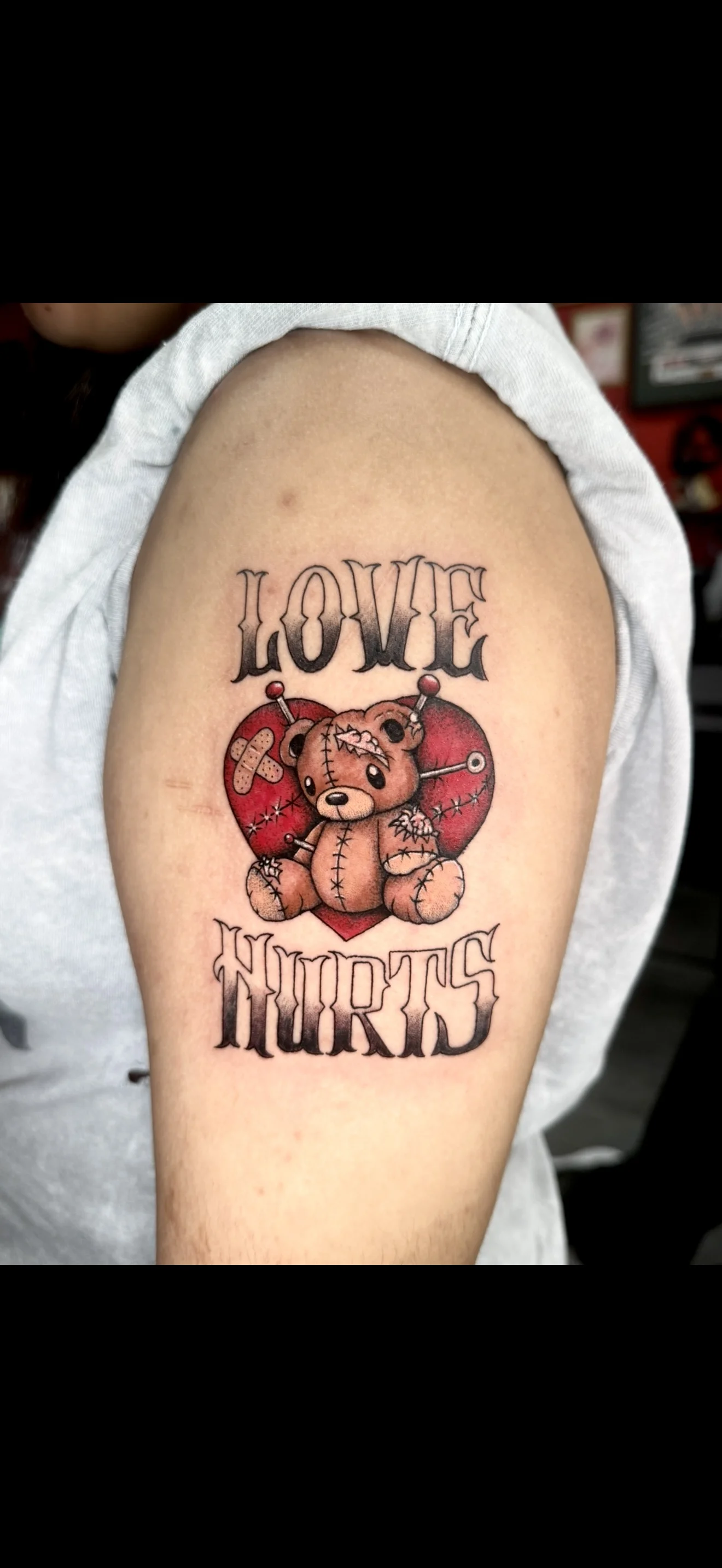 Neo-Traditional Love Hurts Teddy Bear: teddy bear, heart, pins, bandages, stitches, romantic