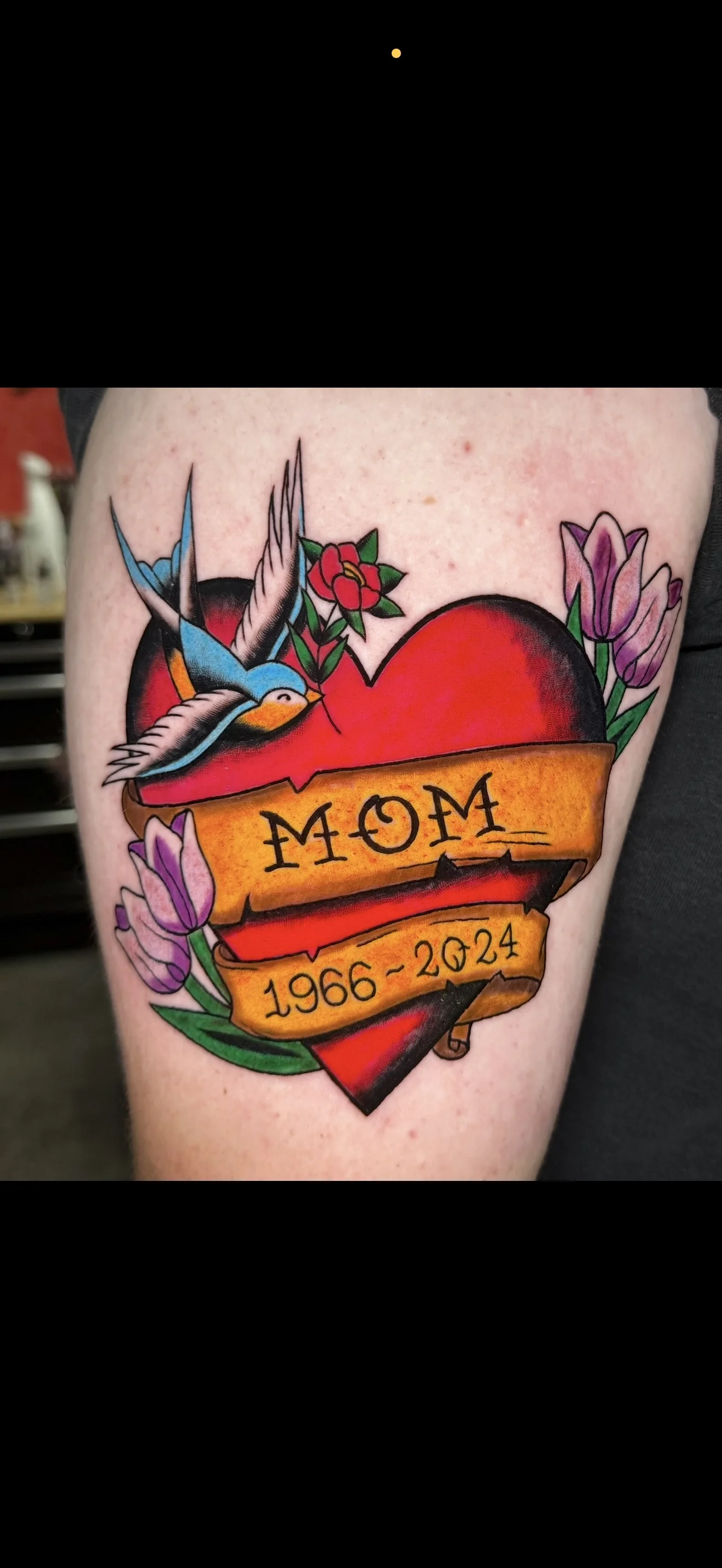 Traditional tattoo by Bethany Villagomez: heart, banner, swallow, rose