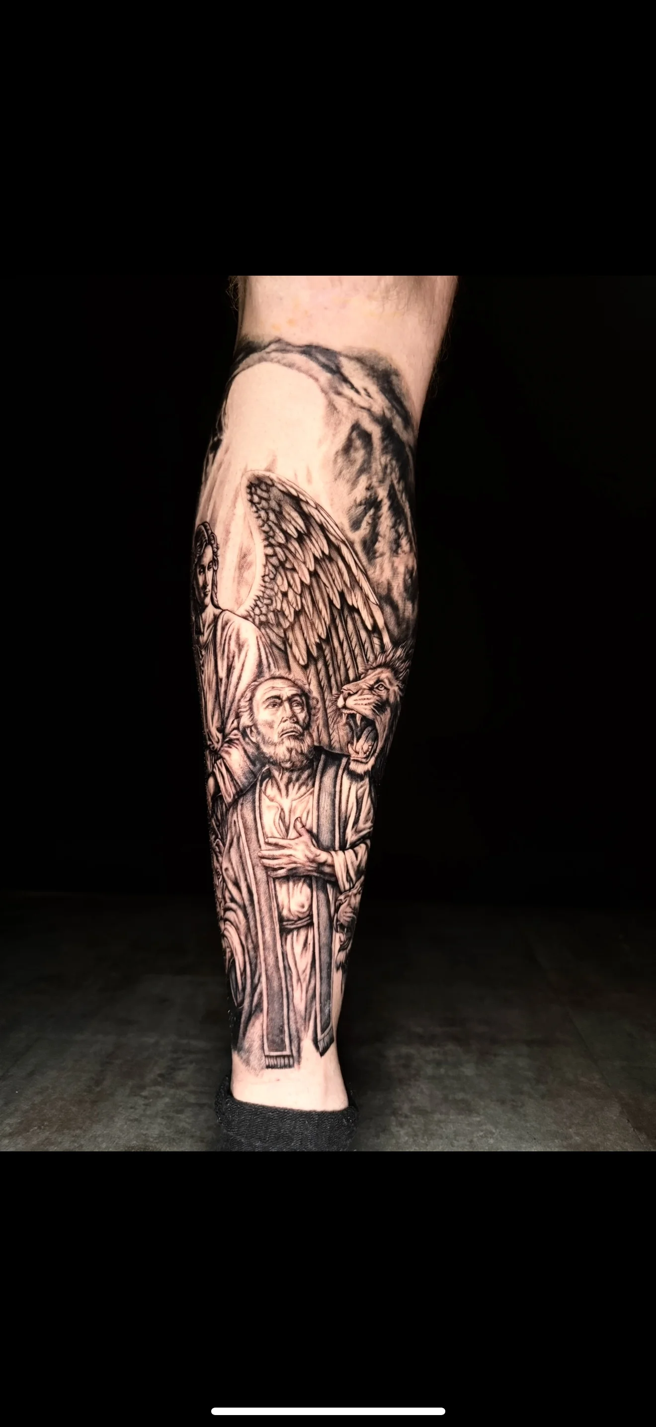 Black & Gray Realism tattoo by Bethany Villagomez: angel, wing, praying man, mountain