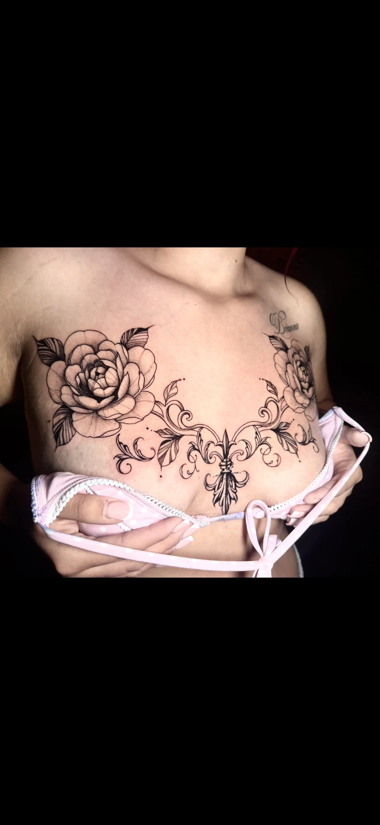 Fine Line tattoo by Bethany Villagomez: rose, leaves, floral ornamental, floral