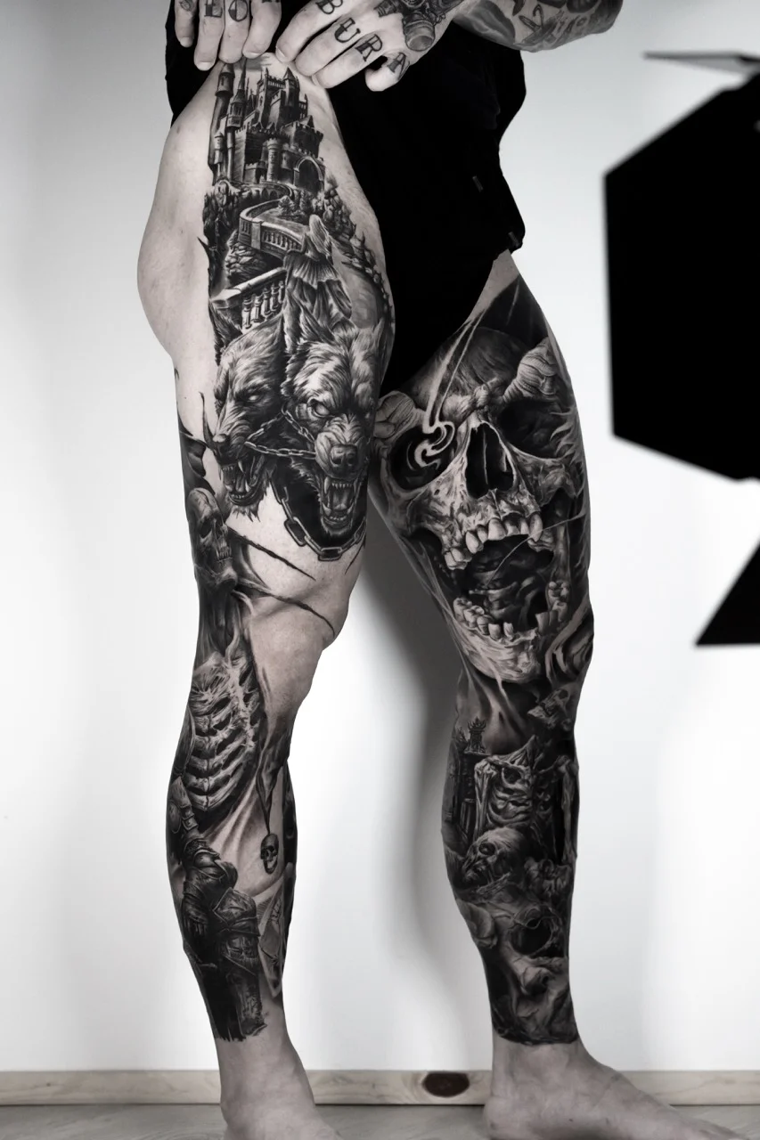Black & Gray Realism tattoo by Ivan Cavassana: wolf, castle, gate, chains