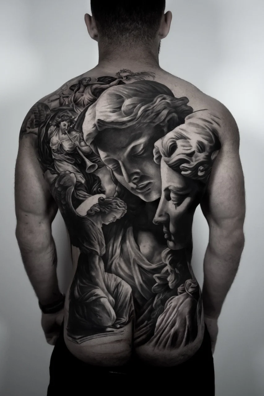 Black & Gray Realism tattoo by Ivan Cavassana: angel, woman, male face, female face