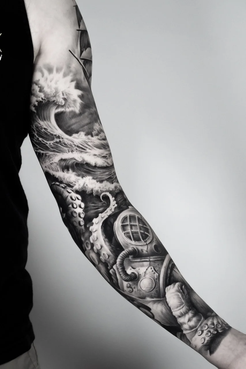 Nautical Ocean Black & Grey Sleeve: wave, squid tentacles, diving helmet, ocean, nautical, nature