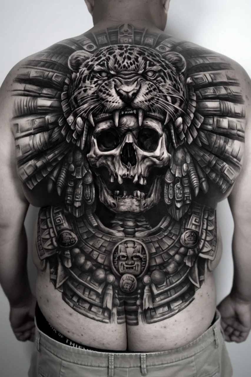 Black & Gray Realism tattoo by Ivan Cavassana: jaguar, skull, aztec headdress, aztec necklace