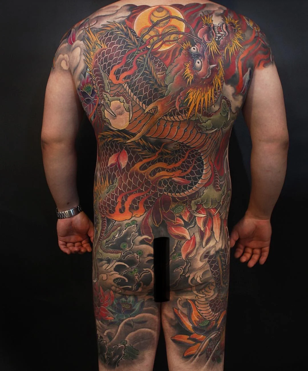 Japanese tattoo by Hocheon ART: dragon, scales, clouds, moon