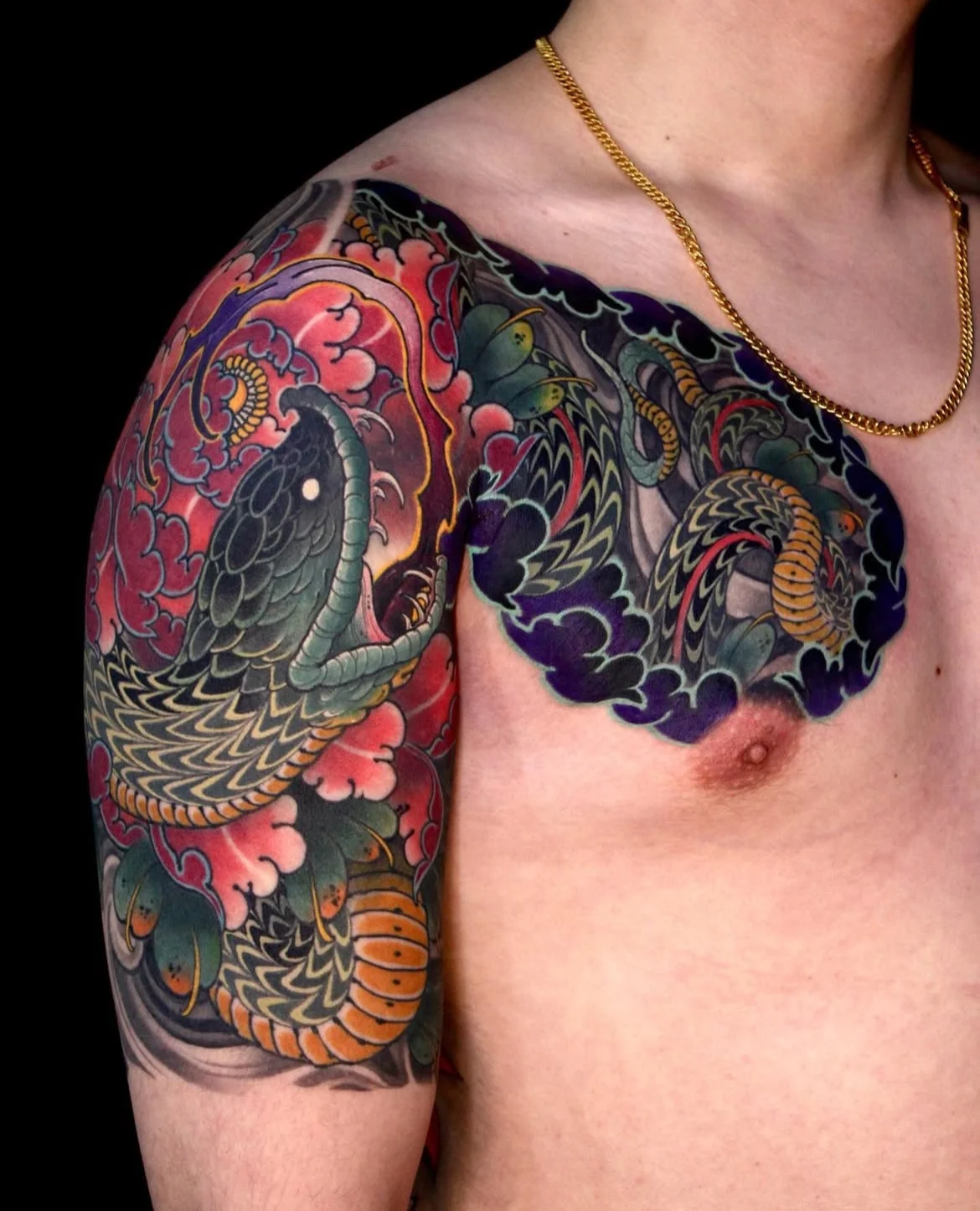 Japanese tattoo by Hocheon ART: snake, clouds, flowers, animal
