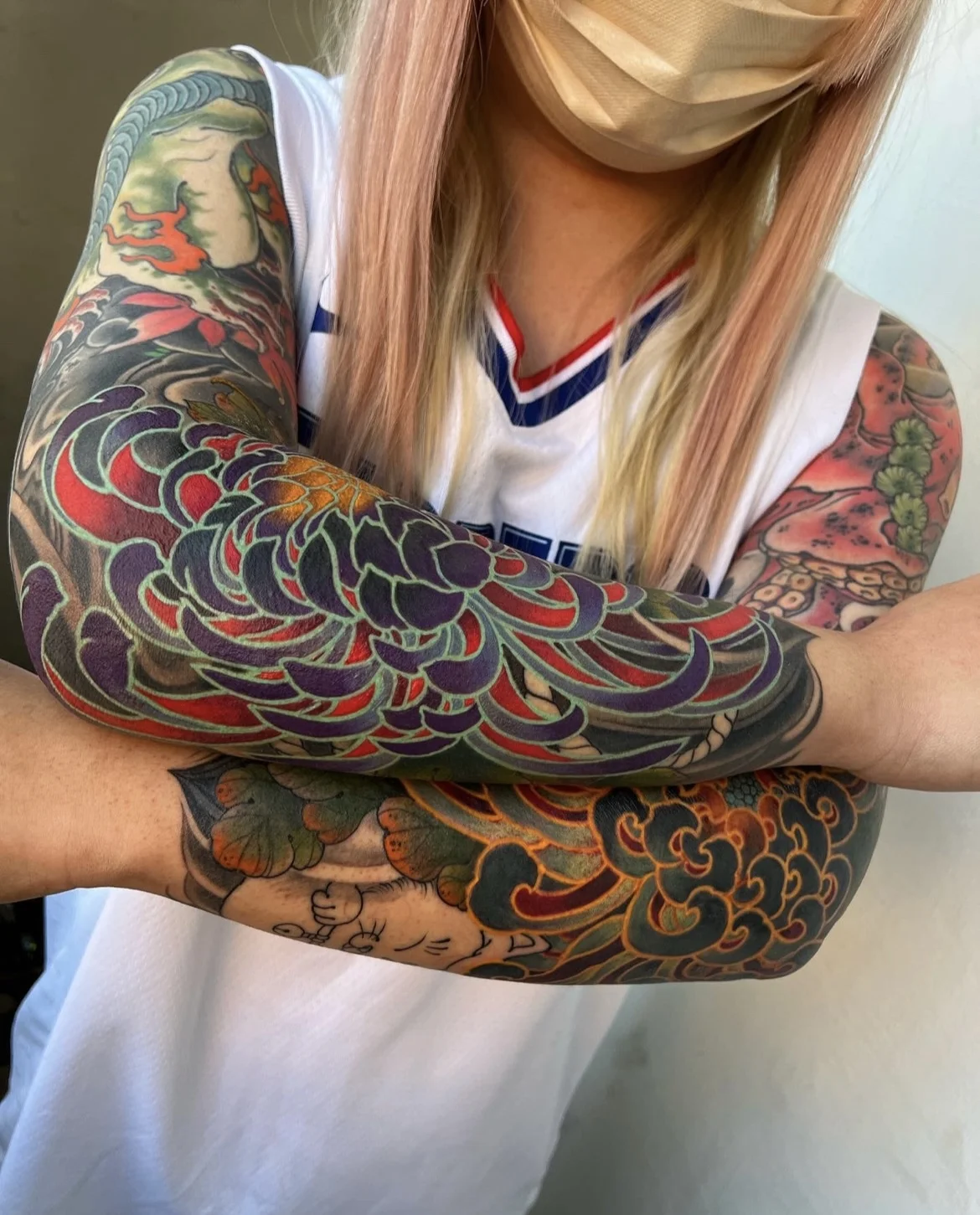 Japanese tattoo by Hocheon ART: koi fish, flower, waves, clouds