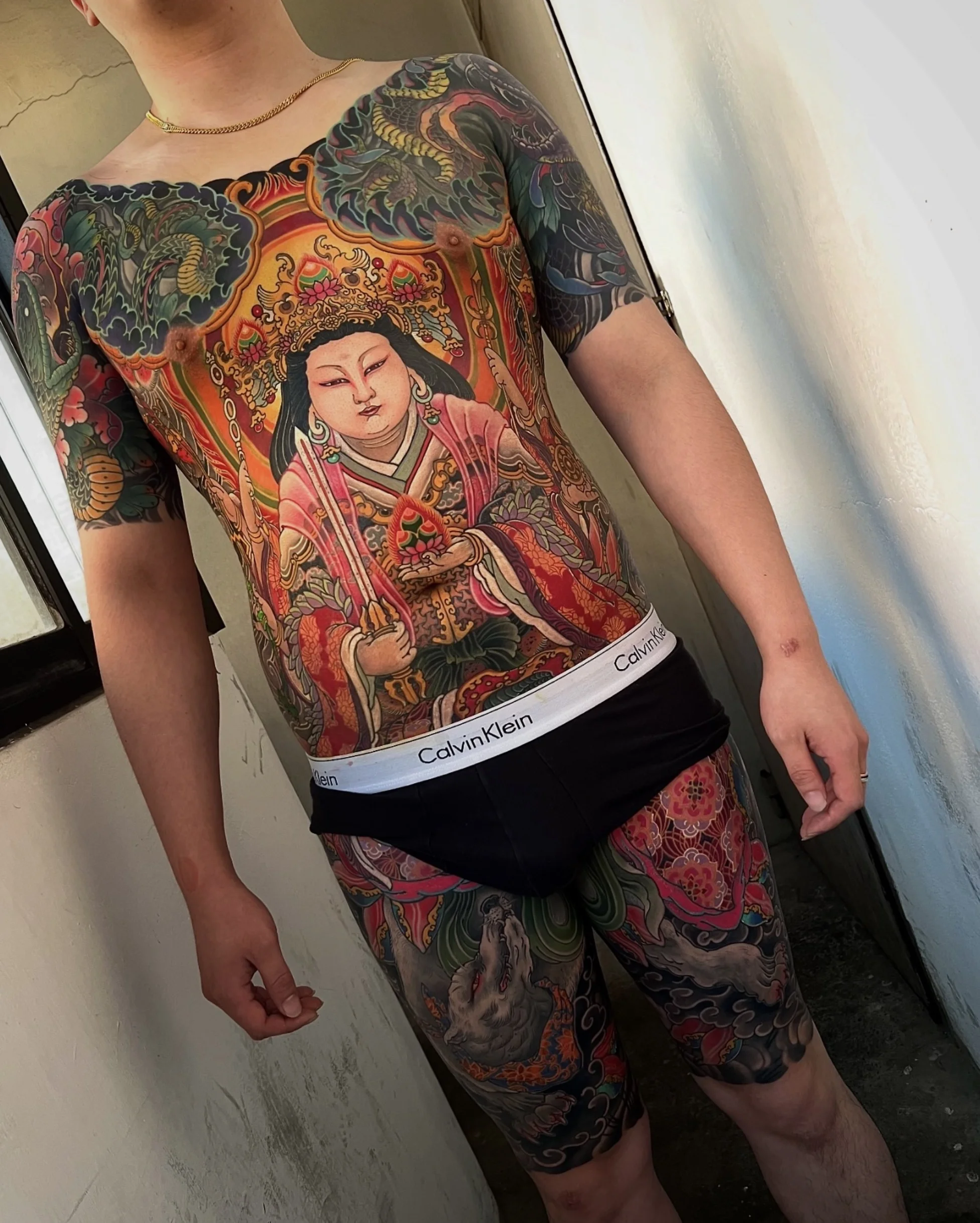 Japanese Mythological Full Torso and Thigh Piece: male deity, dragons, clouds, flowers, wolf, mythology