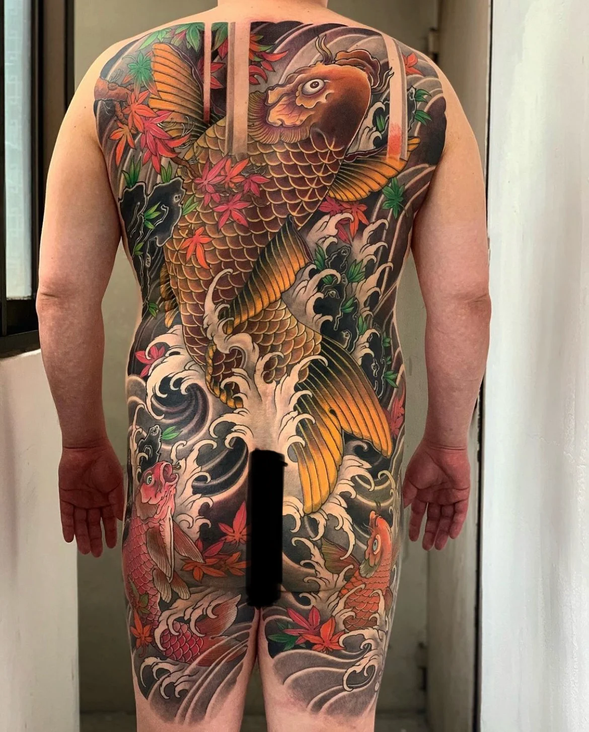 Japanese tattoo by Hocheon ART: carp, koi fish, maple leaves, waves