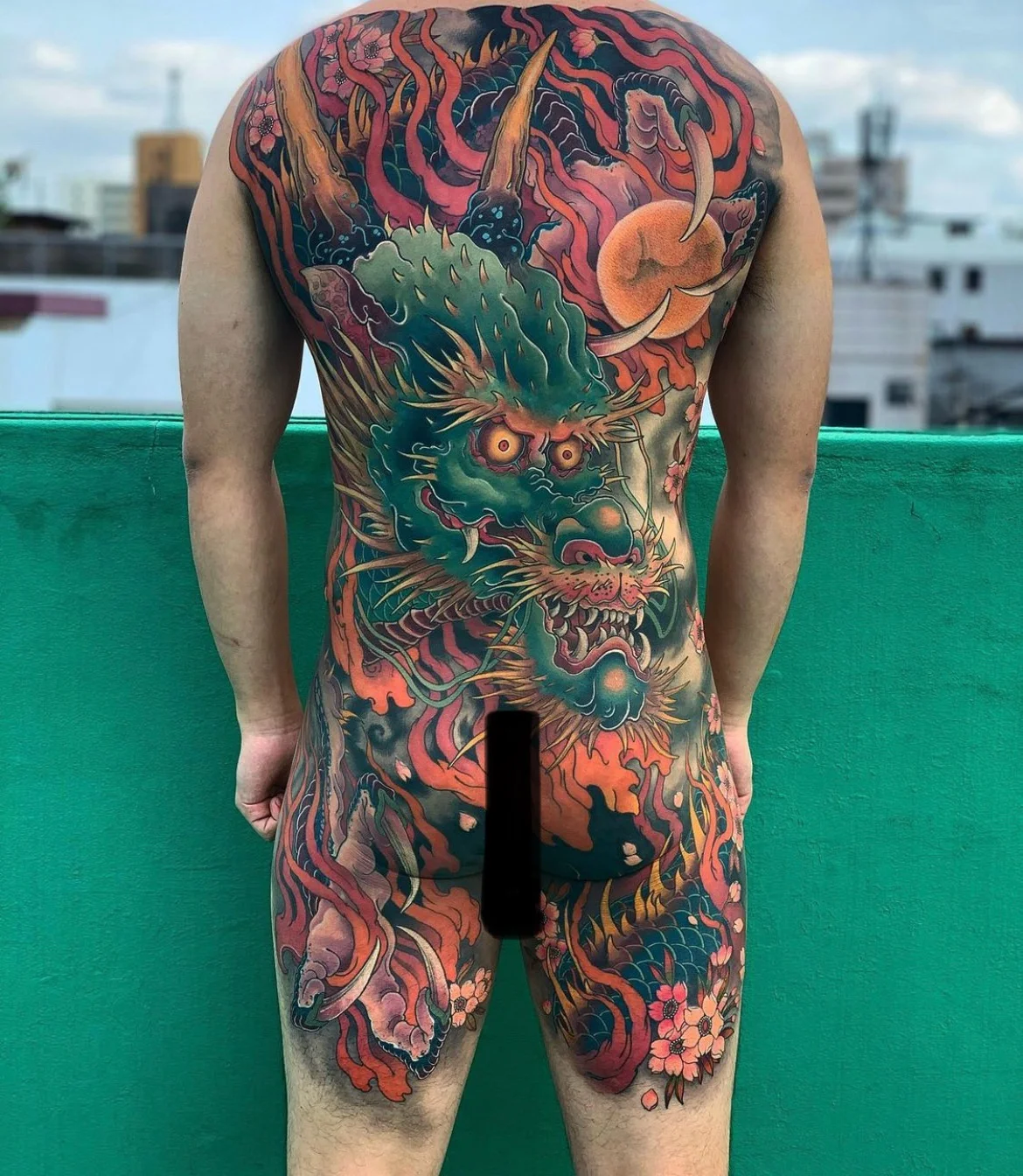 Japanese tattoo by Hocheon ART: dragon, flower, sun, mythology