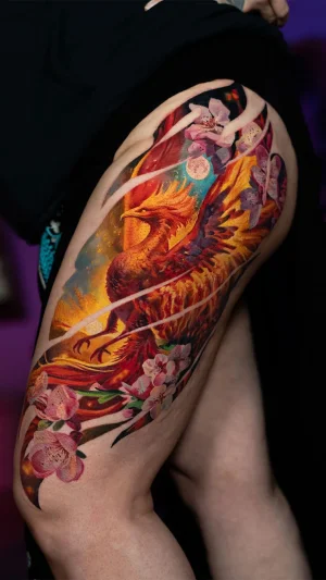 Vibrant Phoenix and Cherry Blossoms Thigh Piece