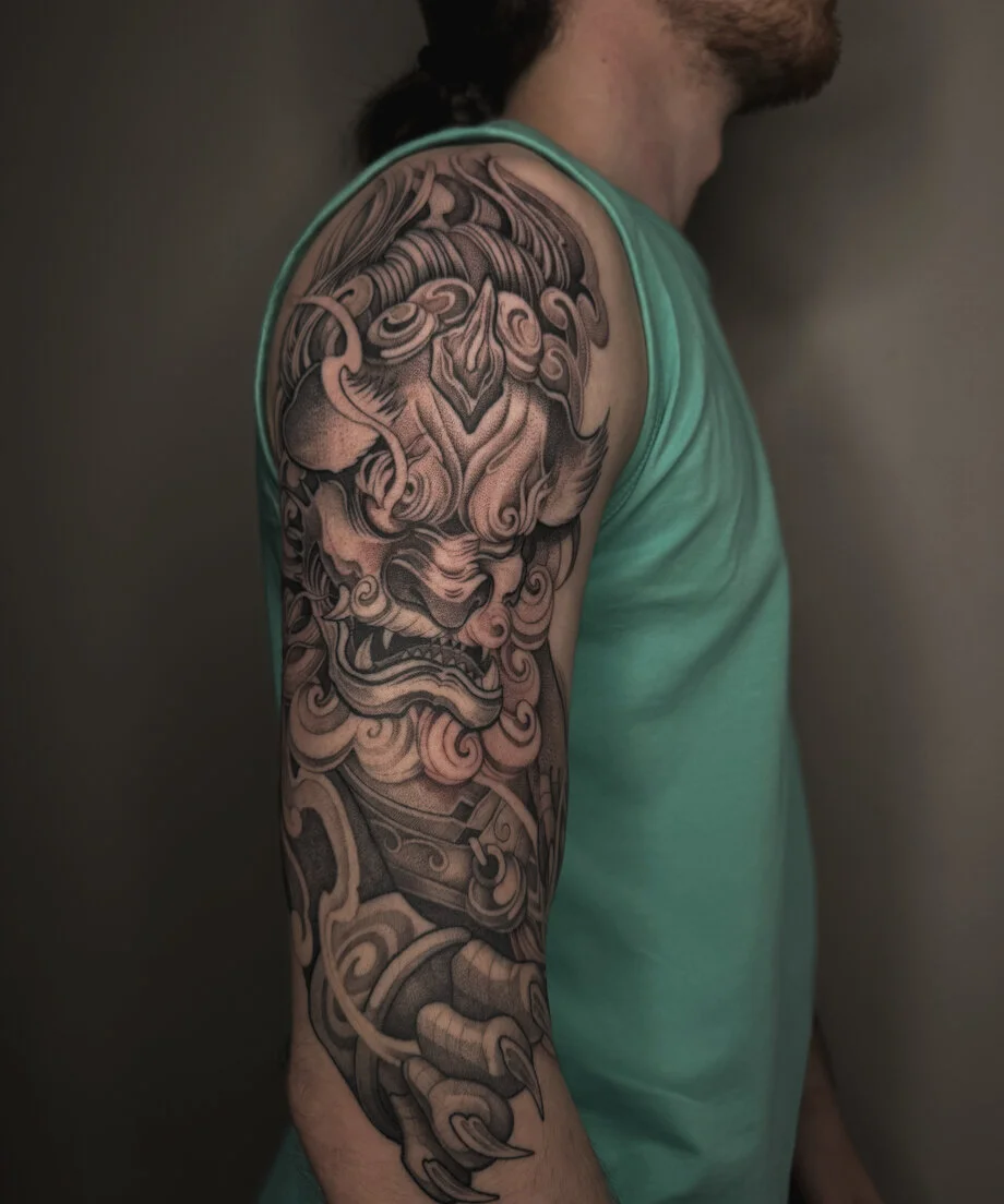 Oni Mask Black & Grey Half Sleeve: oni mask, claws, horns, mythology, dark, japanese