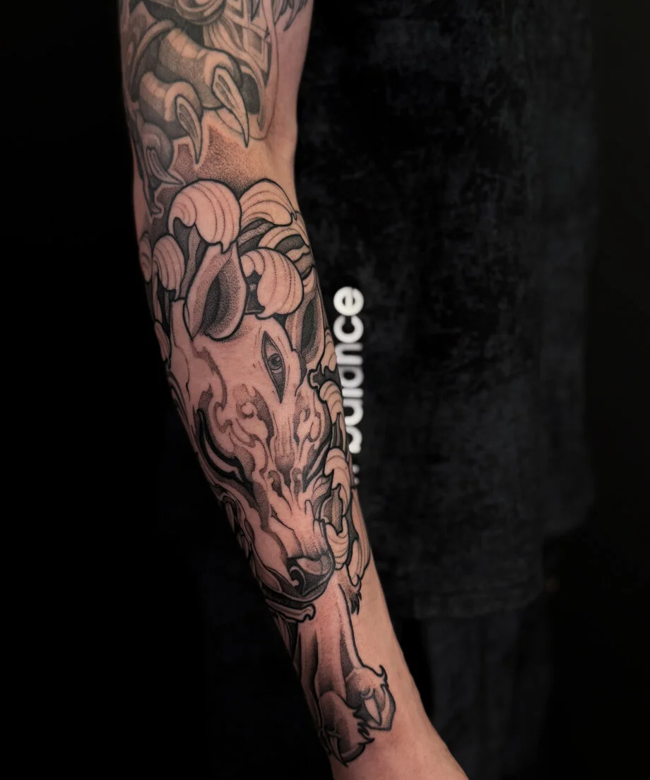 Black & Gray Realism tattoo by kisha.tattoo: wolf, claw, eye, tongue