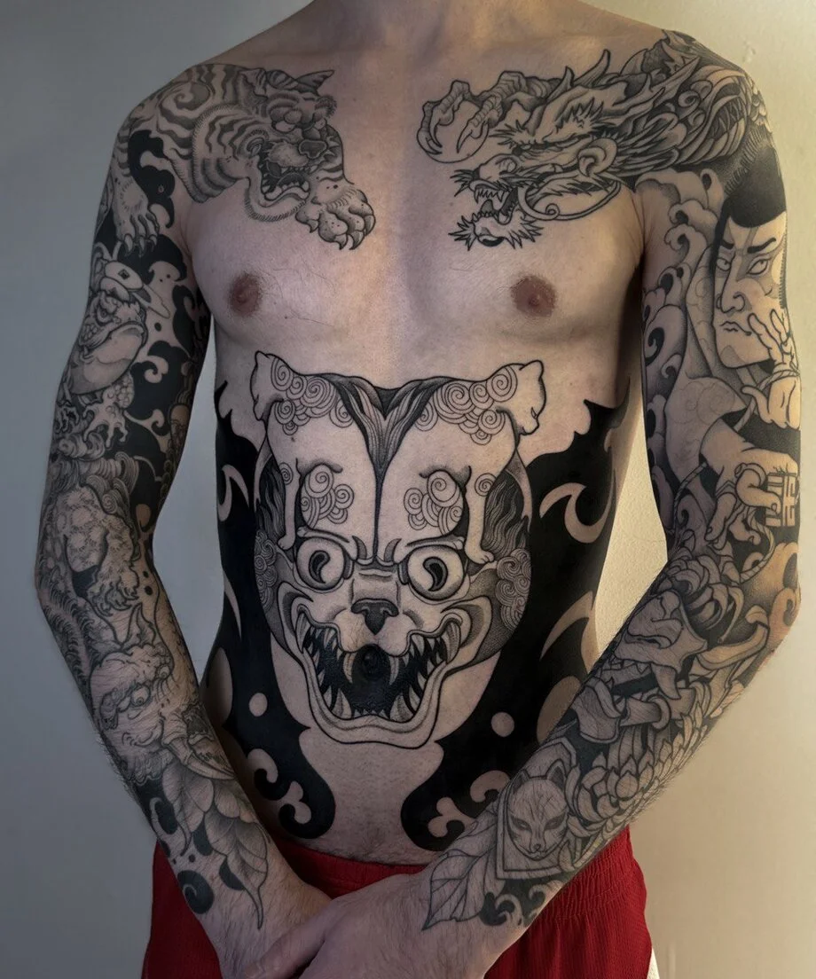 Japanese tattoo by kisha.tattoo: tiger, dragon, mask, demon