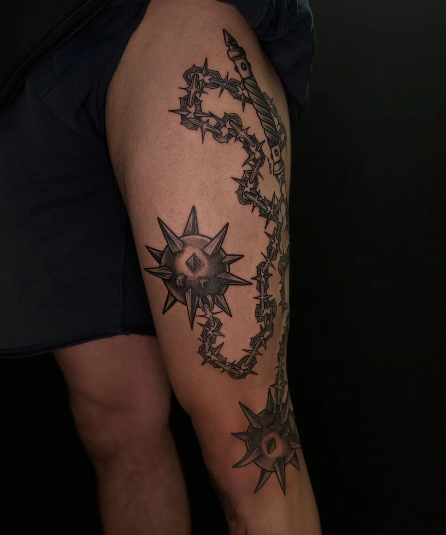 Blackwork tattoo by kisha.tattoo: blackwork, sun, chain, linework