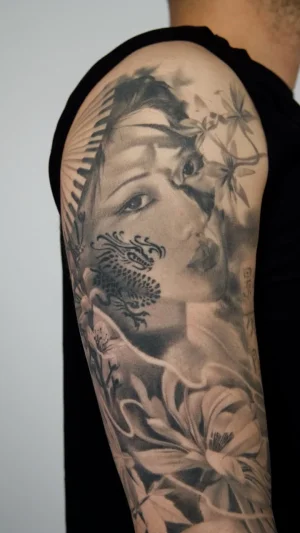Realistic Woman and Dragon Half Sleeve