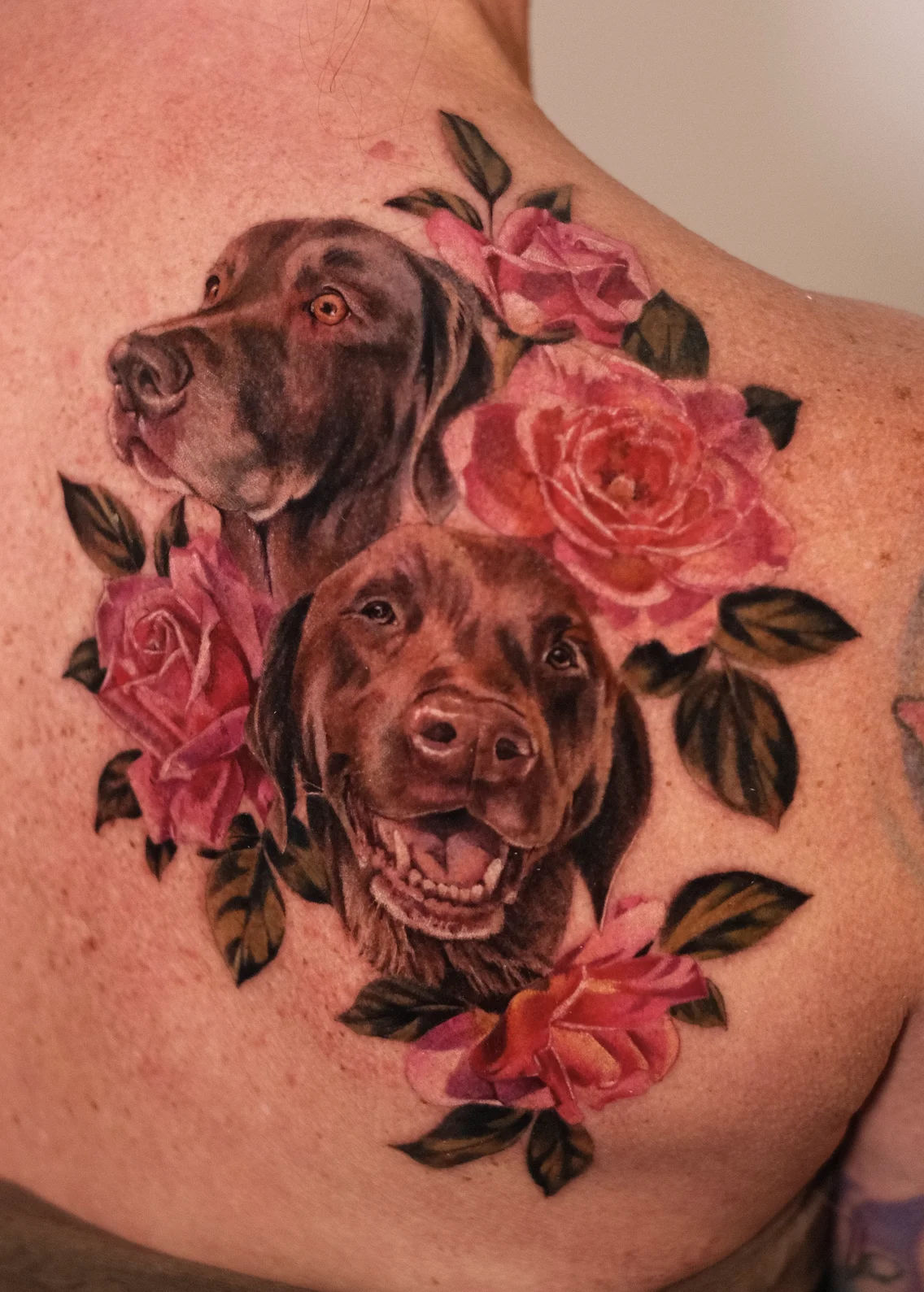 Color Realism tattoo by Valeriatattooing: dog, rose, leaf, animal