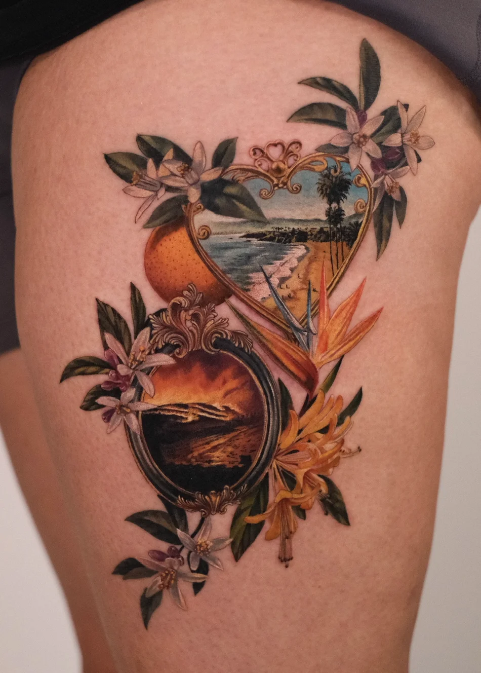 Color Realism tattoo by Valeriatattooing: orange fruit, white flowers, beach landscape, sunset landscape