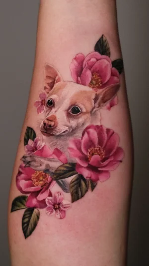 Realistic Dog with Pink Flowers