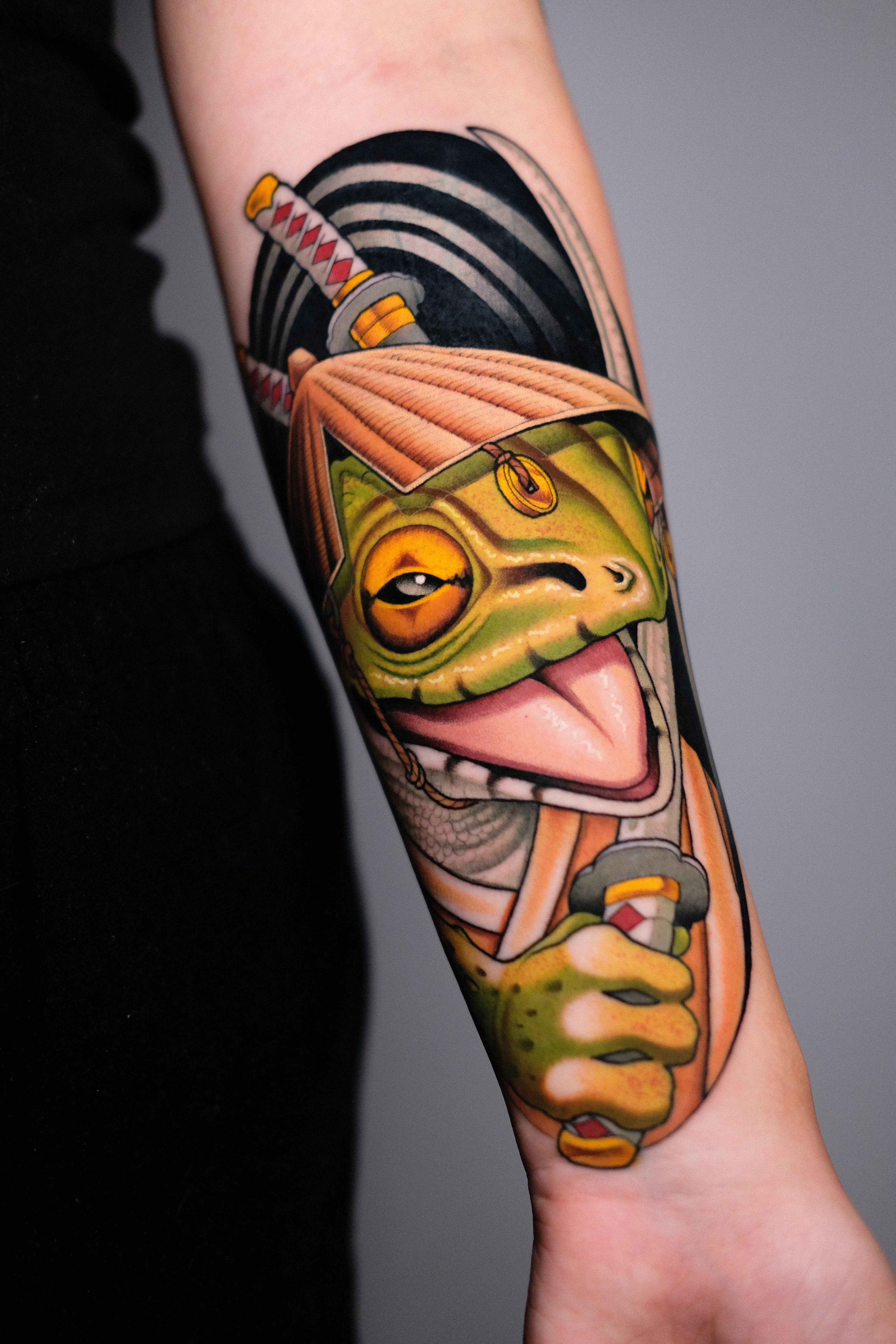 New School tattoo by Gabe Motta: samurai frog neotrad neotraditional colo