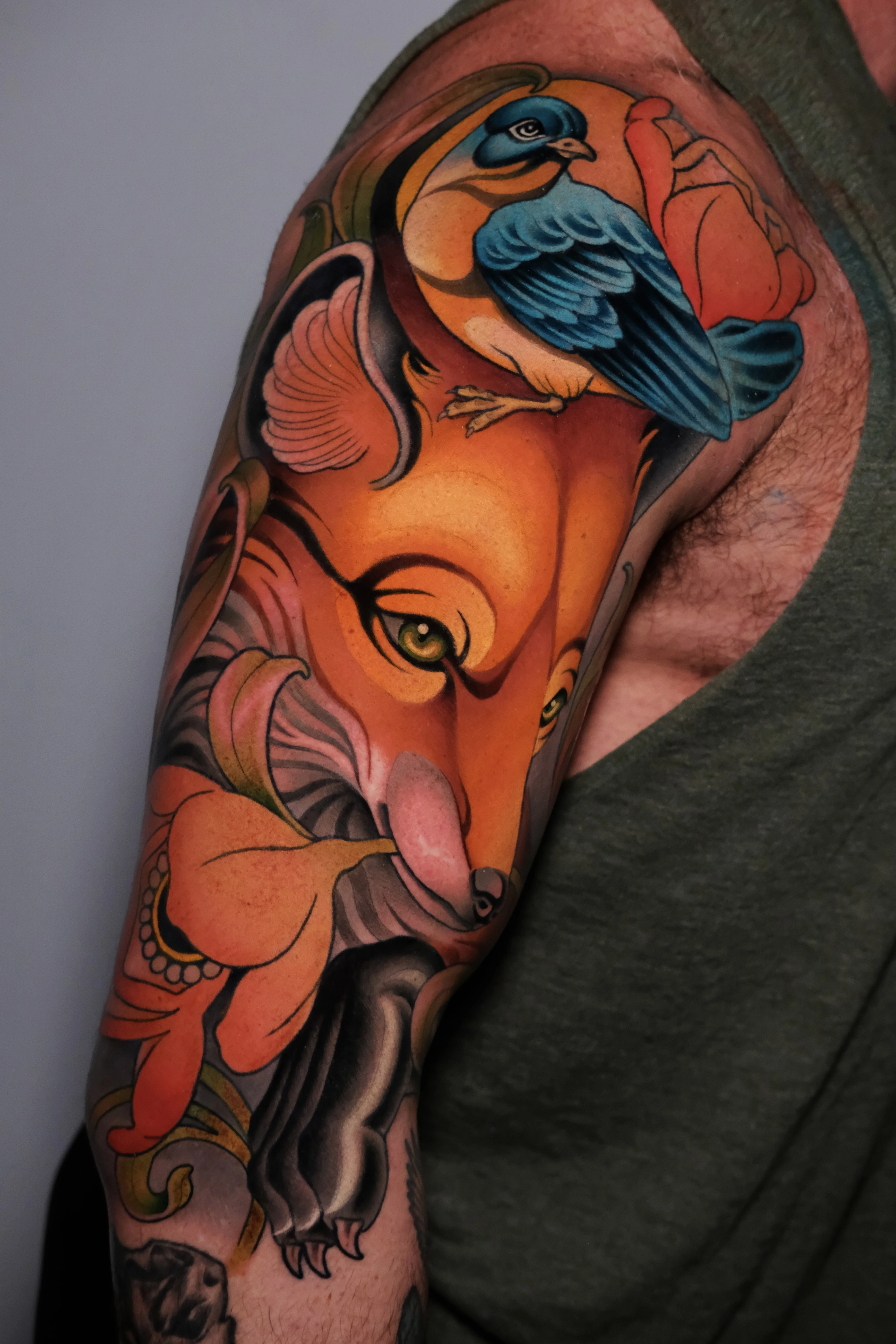 Neo-Traditional tattoo by Gabe Motta: fox bird neotrad neotraditional floral c