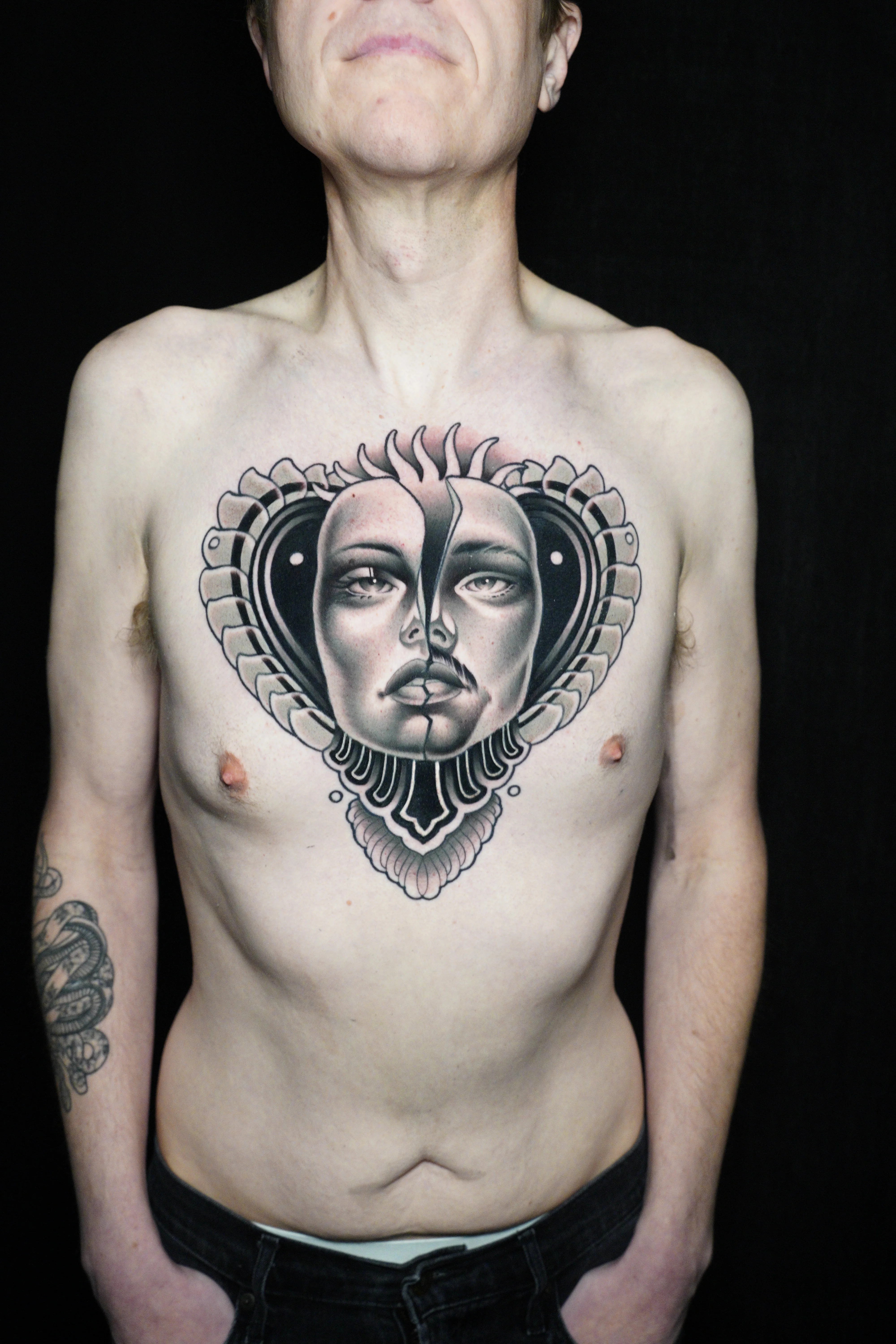 Black & Gray Realism tattoo by Gabe Motta: woman face, heart shape, portrait, dark