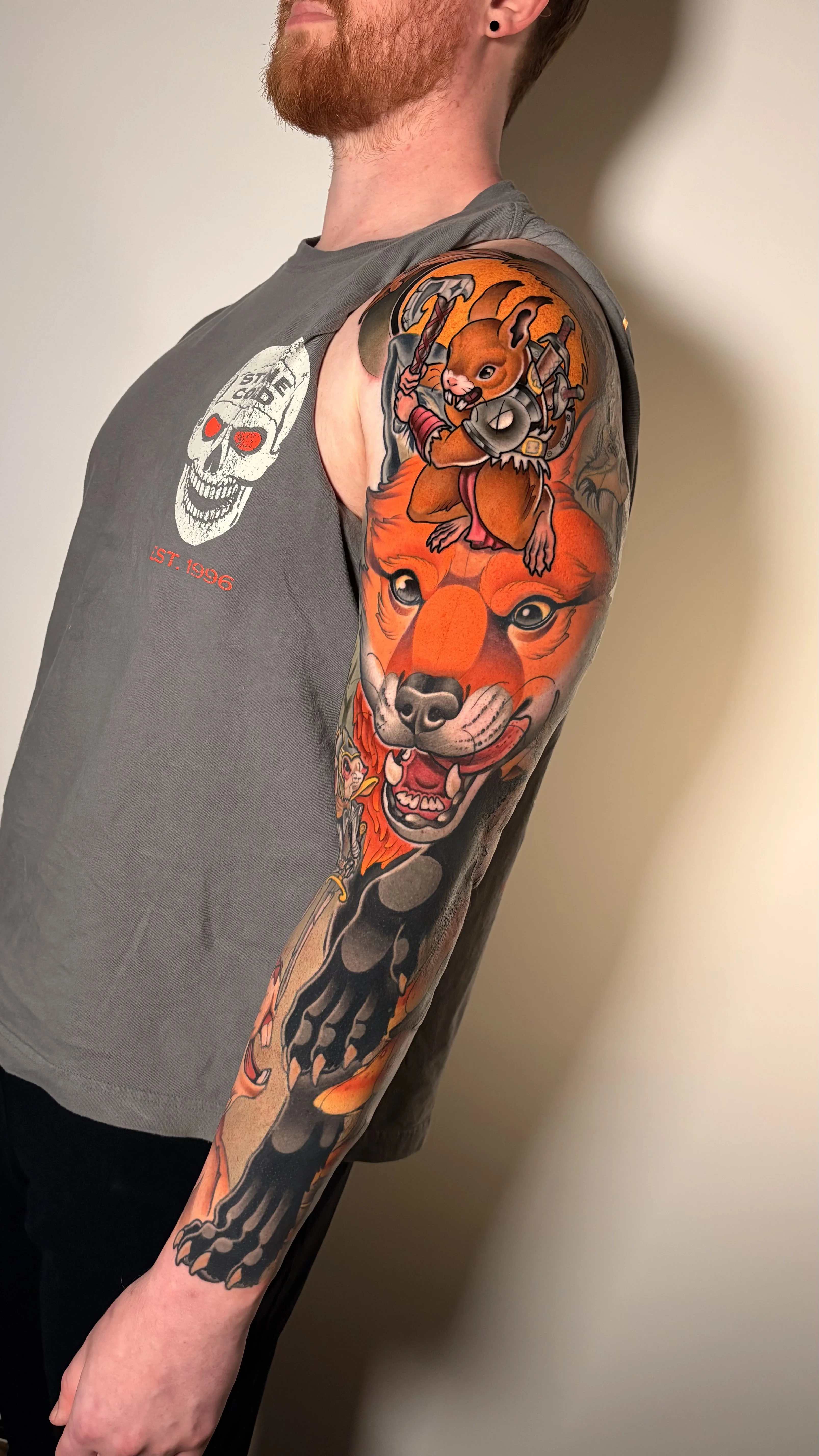 New School tattoo by Gabe Motta: fox squirrel sleeve arm neotrad neotradi