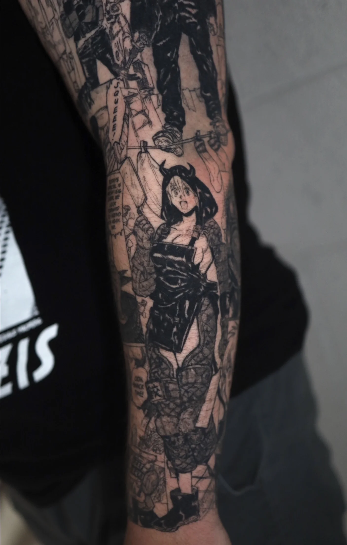 Healed dorohedoro sleeve: manga, anime, dorohedoro, full sleeve, black and grey, fineline