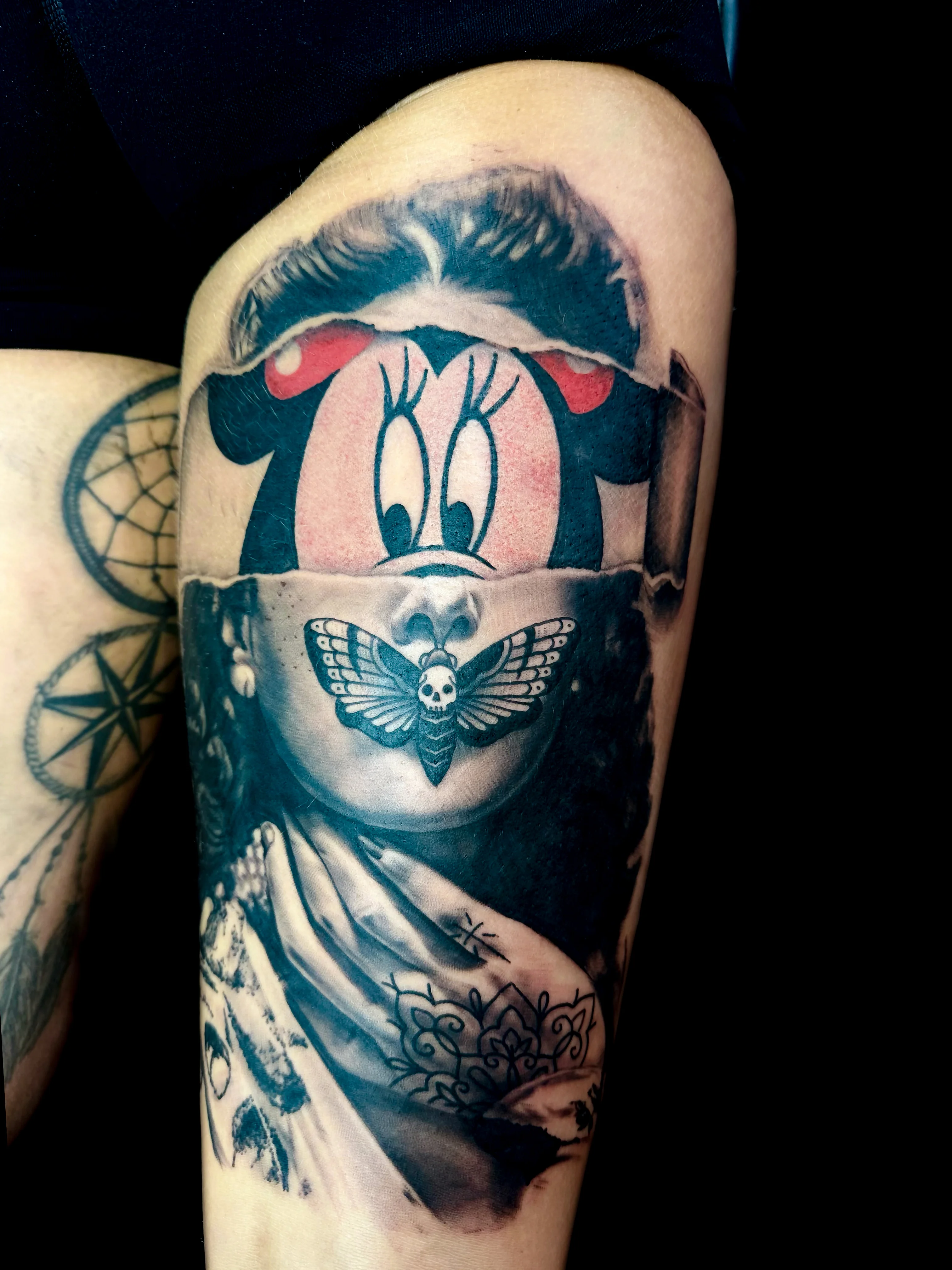 Black & Gray Realism tattoo by levi70six: woman, minnie mouse face, butterfly, skull
