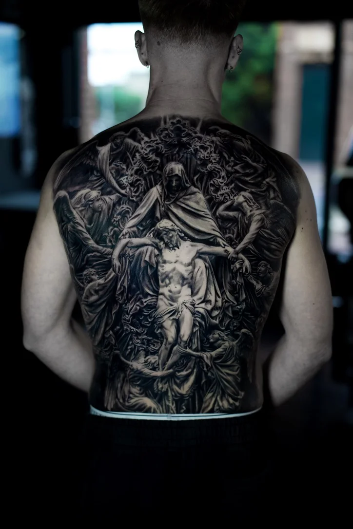Religious Black and Grey Full Back: jesus, mary, angels, roses, saint, robes