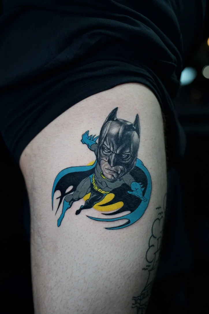 Batman Flying Color Realism Thigh: batman, cape, mask, superhero, comic book, masculine