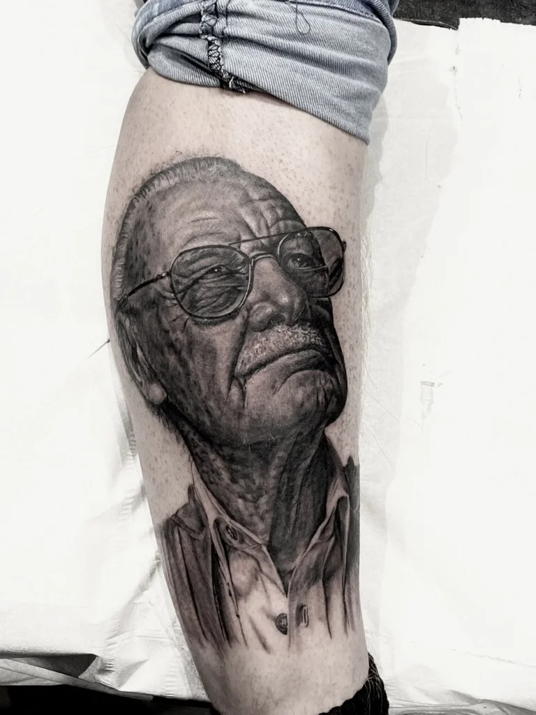 Black & Gray Realism tattoo by levi70six: elderly man, portrait, glasses, shirt