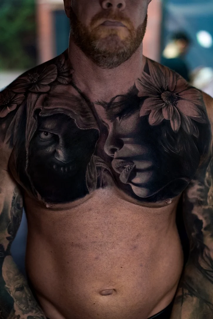 Dual Faces Black & Grey Chest Piece: woman's face, flower, creepy face, dark, portrait, floral